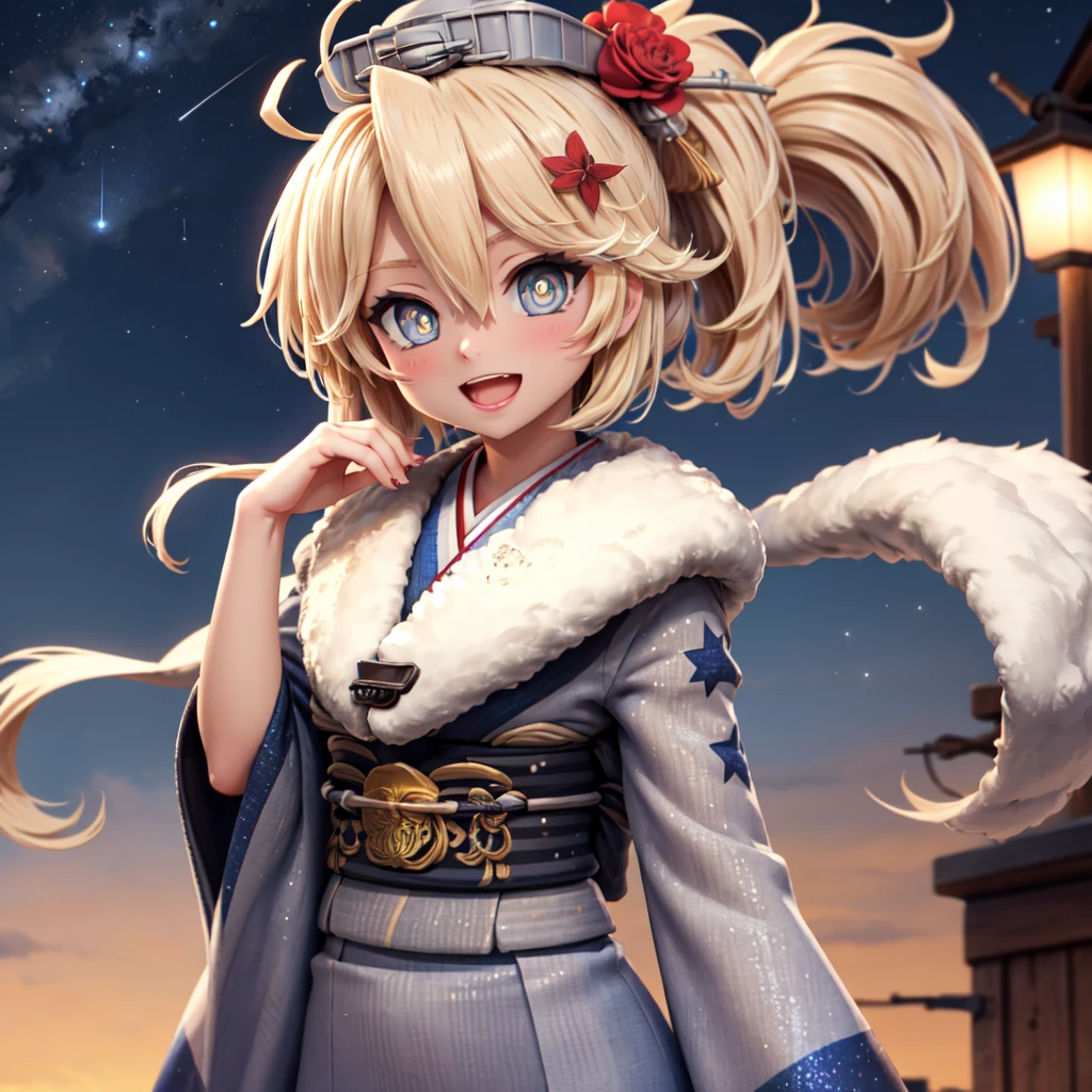 masterpiece, best quality, nyIowa, short hair, ponytail, (star-shaped pupils:1.4), headgear, hair flower, blue kimono, wide sleeves, fur trim, looking at viewer, night sky, upper body, hand to heart, :D