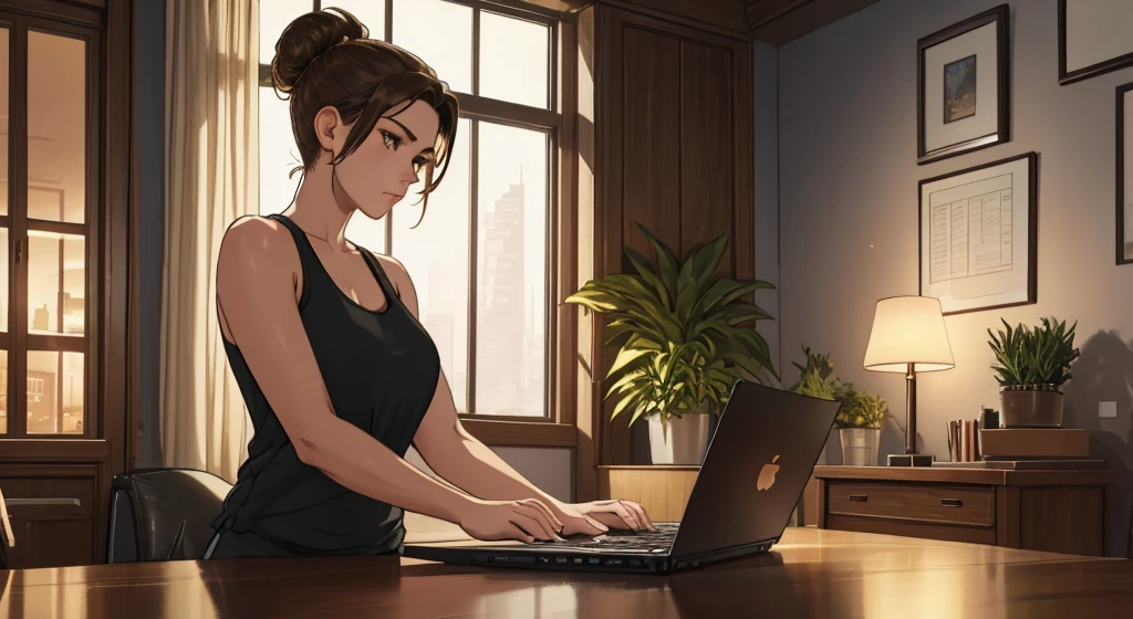 "A woman with brown hair styled in a messy bun sits at a wooden desk, focused on her black laptop in a softly lit room. She is wearing a black tank top, and her posture conveys deep concentration, hands lightly resting on the keyboard. The room is filled with a warm, golden glow streaming through two large windows, which reveal a hazy futuristic cityscape in the background. The cozy setting includes potted plants, framed photos, a red desk lamp, and subtle reflections on the polished wooden desk surface. Realistic textures, soft shadows, and cinematic lighting create a calm, immersive atmosphere."