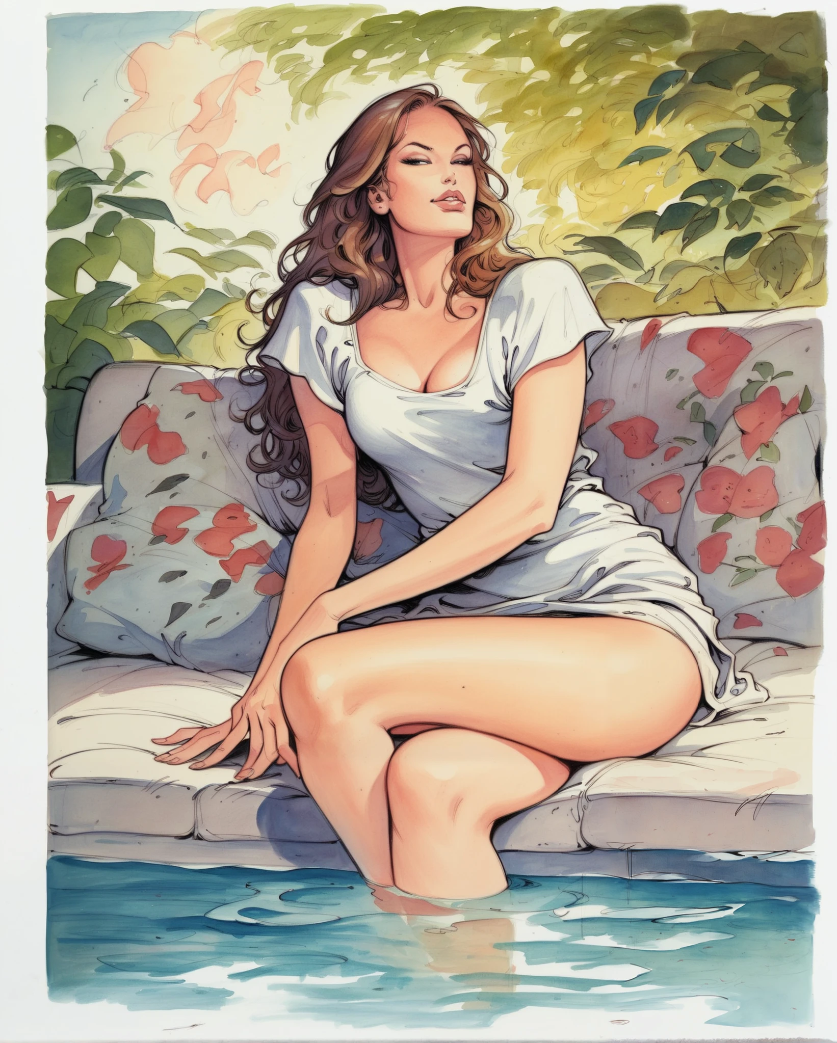 manara, traditional media, 1girl, long hair, sitting on the sofa, in sexy pose playing pool, wearing sexy summer dress zPDXL, score_8_up, score_7_up, score_6_up, score_9, illustration