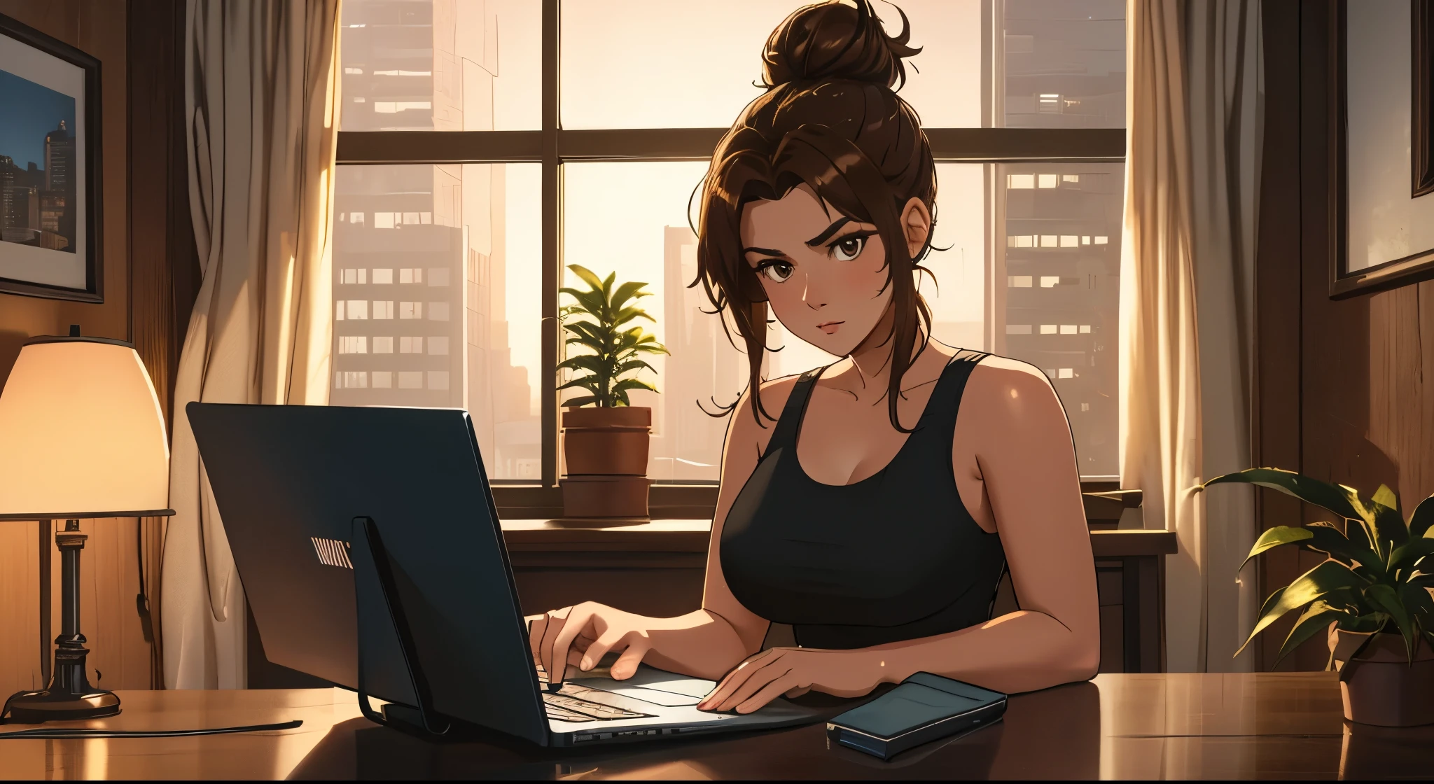 "A woman with brown hair styled in a messy bun sits at a wooden desk, focused on her black laptop in a softly lit room. She is wearing a black tank top, and her posture conveys deep concentration, hands lightly resting on the keyboard. The room is filled with a warm, golden glow streaming through two large windows, which reveal a hazy futuristic cityscape in the background. The cozy setting includes potted plants, framed photos, a red desk lamp, and subtle reflections on the polished wooden desk surface. Realistic textures, soft shadows, and cinematic lighting create a calm, immersive atmosphere."