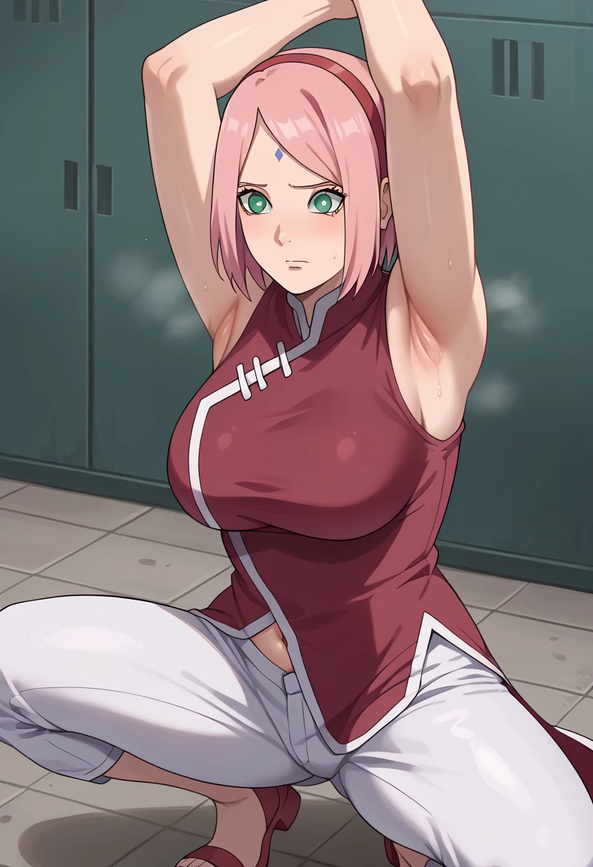 score_9, score_8_up, score_7_up,,nsfw, 1girl, Haruno Sakura, pink hair, short hair, green eyes, forehead mark, hairband,
red sleeveless dress, navel, large breasts, white pants,In a dim alley  ,Armpit,Armpit wrinkles,Armpit smell,Armpit juice,arms up,stretch, is seducing,(excess pubic hair,under hair),Squat down, 