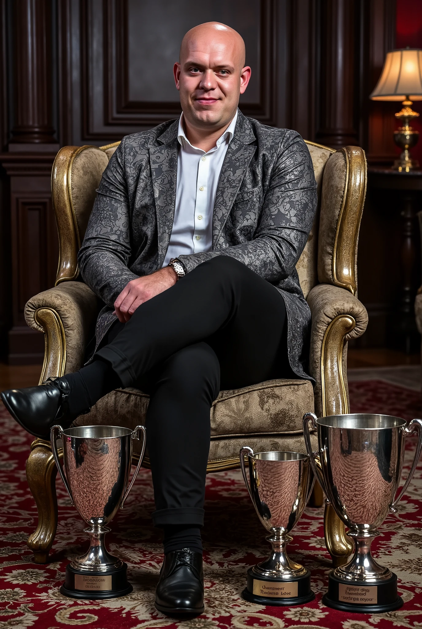 A high-resolution photograph of Michael van Gerwen, a bald man sitting in a luxury armchair, wearing a paisley smoking jacket. On the floor are three elegant silver trophies, trophy one is engraved "Premier league champion", trophy two is engraved "World series champion", trophy three is engraved "Grand Slam champion".