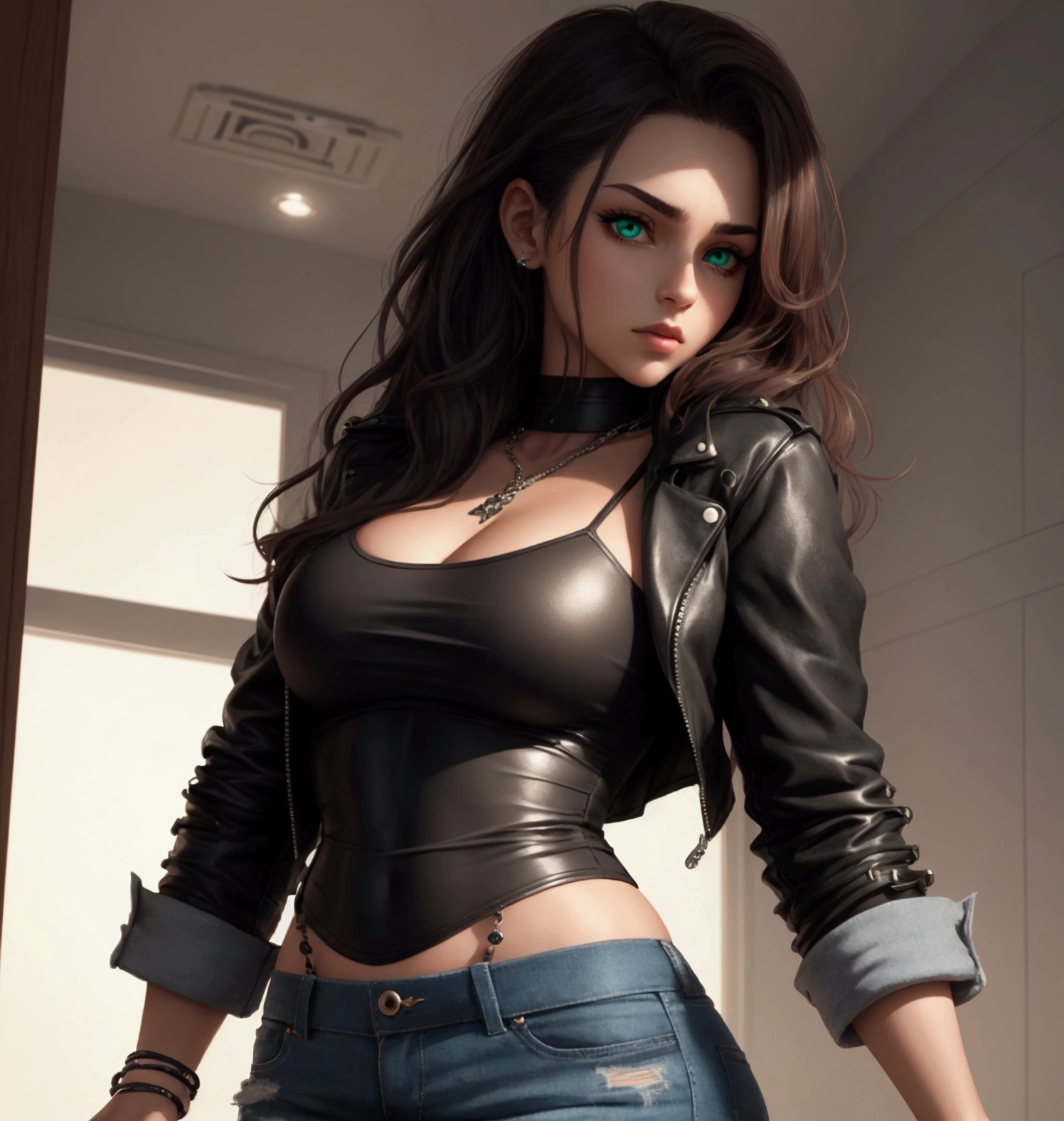 Black-haired, blue-eyed woman wearing jeans and leather jacket holding a sword in a shadowy tunnel, she is holding a sword, arte de fantasia urbana estilizada, capa de romance de fantasia para jovens adultos, segurando uma espada em frente a seu corpo, Charlie Bowater Estilo de Arte, arte do personagem charlie bowater, Neoartcore e Charlie Bowater, Estilo Charlie Bowater, short sword in your hand