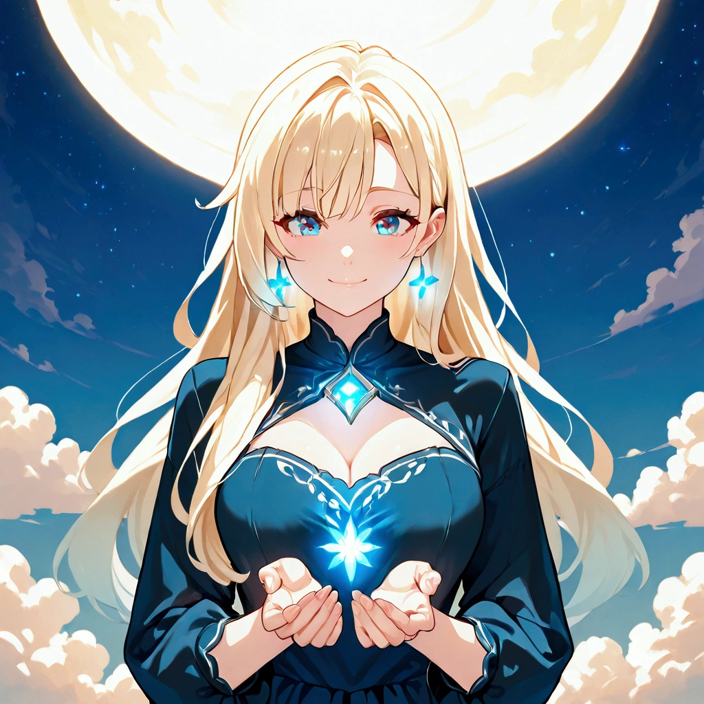 A happy young woman with long blonde hair and vibrant blue eyes stands in a front-facing pose, extending her hands forward as if offering energy. A brilliant, glowing light radiates from her chest, casting warm illumination around her. She has light skin, a slim build, and wears a long-sleeved, dark-blue dress with gold embellishments and intricate patterns. Her hair flows gracefully down her back, and she wears star-shaped earrings. The backdrop features a starry night sky with streaks of light and glowing clouds. The scene is painted in a fantasy-anime style, with soft, luminous colors and meticulous detail, creating a magical and celestial atmosphere. Front view