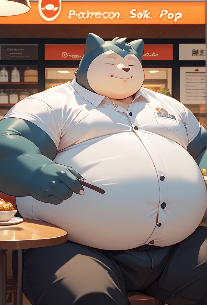 Pokemon snorlax, large belly, obese, obese cheeks, black trousers, white shirt, tight clothes, button pop, sitting at a table in a restaurant, closed eyes 