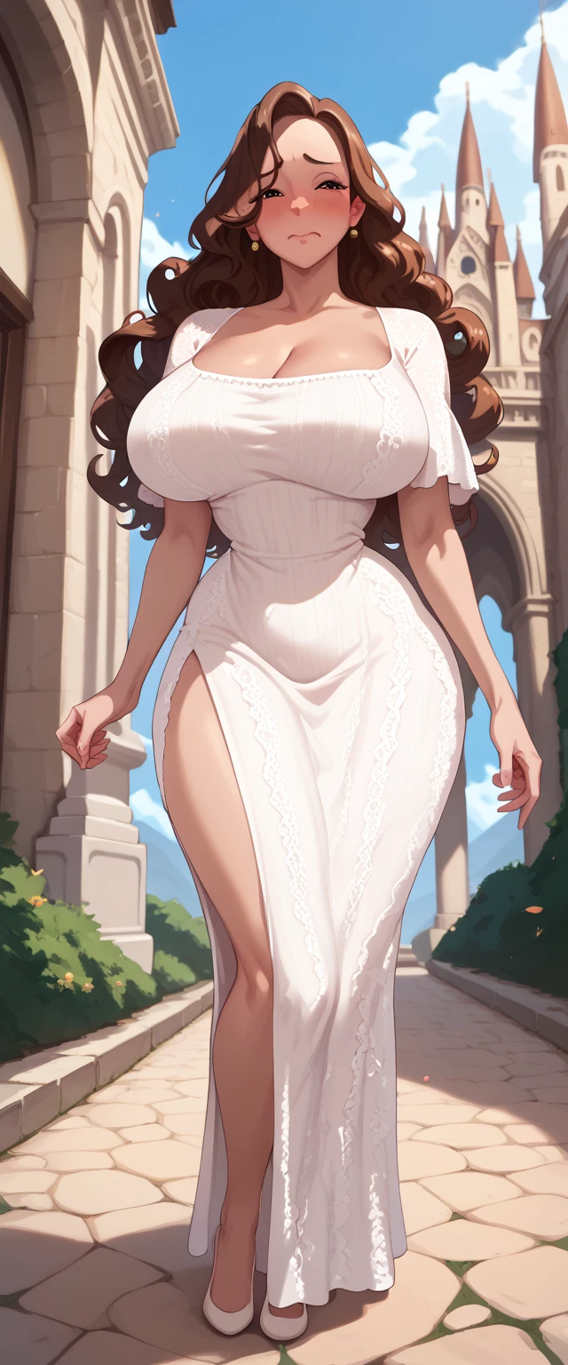  top quality, MILF, adult,  detailed face, long curly hair ,  brunette , Ruby eyes ,  huge boobs , small waist,  wide hips,  shy and embarrassed face, knitted dress , Cathedral background