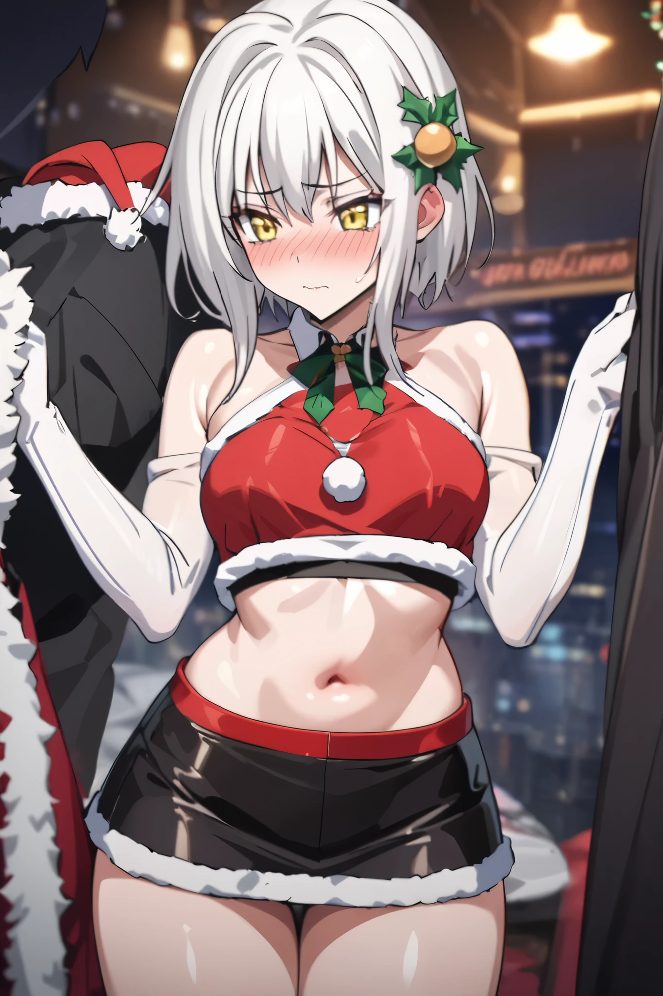 NSFW,masterpiece, top quality , high definition , very detailed,Tacheng kitten、 short hair、 hair ornament、 yellow eyes、White Hair, Santa Claus, crop top, miniskirt, shoulder out,Embarrassed,blush,companion,Nightlife