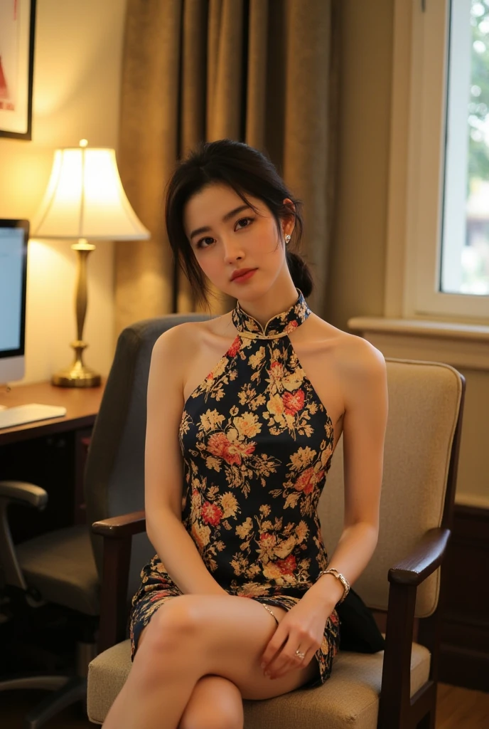 Chiasa, A beautiful 20-year-old Thai woman sits gracefully, exuding a gentle demeanor. She wears a form-fitting, high-neck bright red cheongsam adorned with intricate floral patterns, blending seamlessly with the soft yellow lighting in the background. A computer, desk, and comfortable office furniture create a warm and friendly atmosphere. The composition highlights her serene expression and the inviting ambiance of the setting.