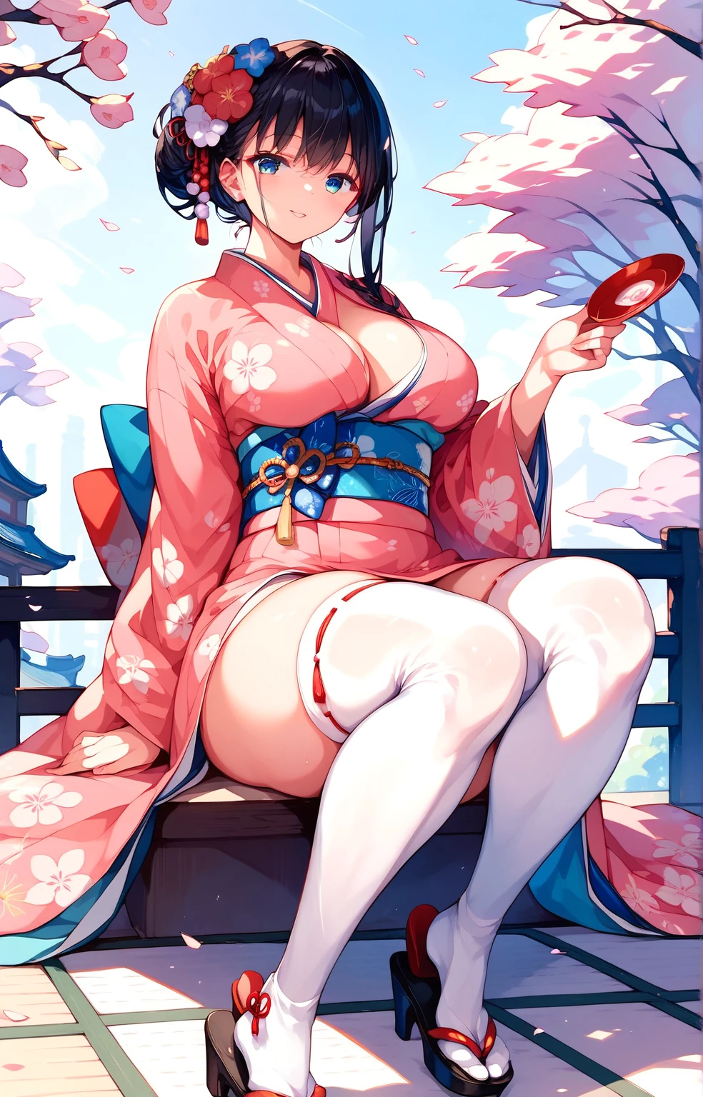 kimono　  BLACK HAIR PATTON おかっぱHAIR　 Big Breasts 　 big thighs　 white stockings   　 high heels　　outside　In the city　    　 THE FRONT  kimono