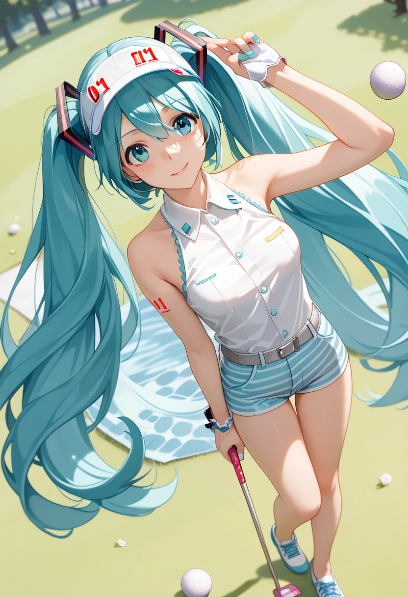 ((( Hatsune Miku )))、(( golf wear))、Golf Course、Daytime、(( angle from above ))、 Ulchan - 6500-v1.1, ( RAW photos :1.2),  beautiful detailed ,  very detailedな目、 beautiful eyes, beautiful eyes、 The file size is big,  high definition ,  very detailed,  top quality , [masterpiece:1.6], Awareness-raising,  very detailed, CG, finely,  top quality , 8K wallpaper,  Completate、 excitement 、 very detailed、Thighs