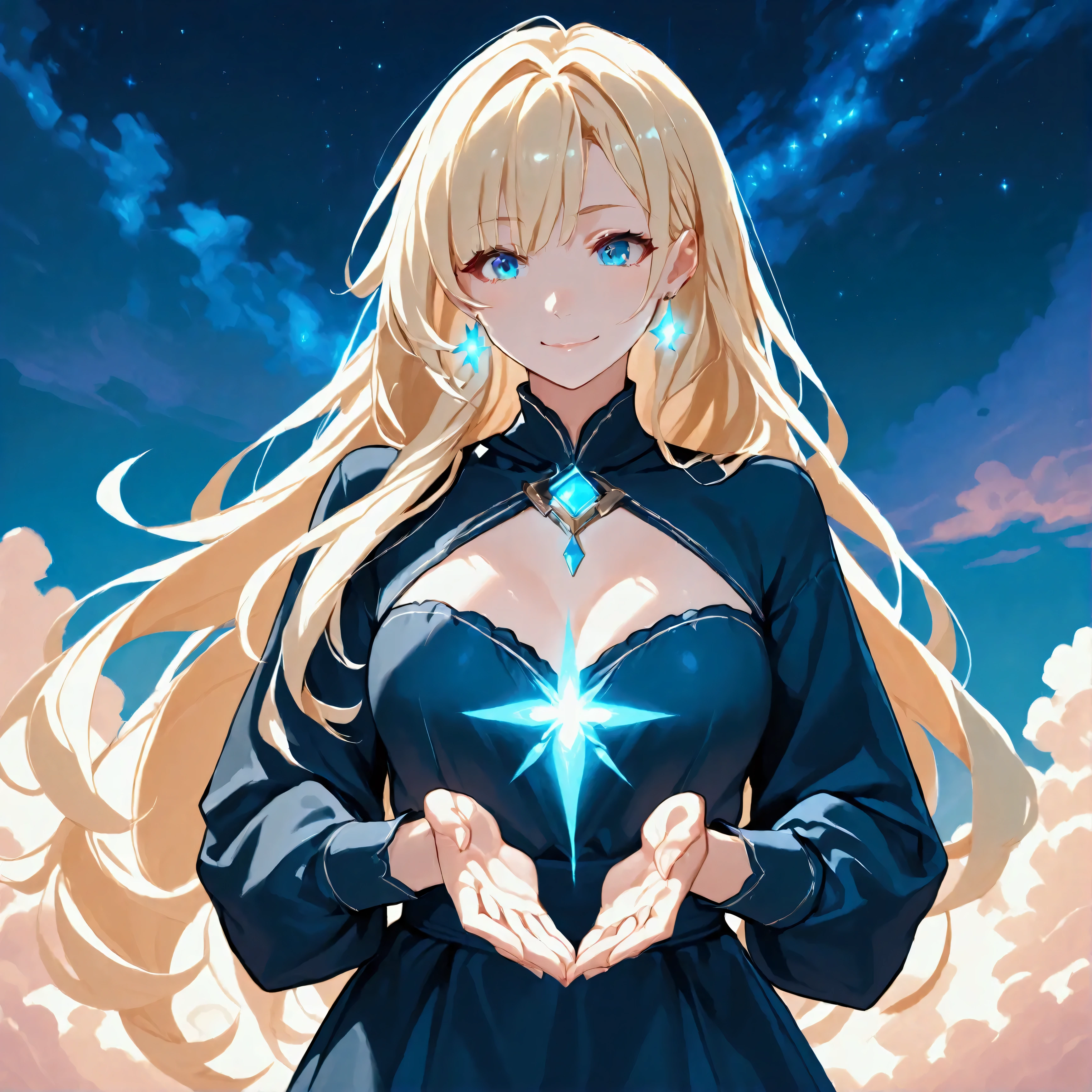 A happy young woman with long blonde hair and vibrant blue eyes stands in a front-facing pose, extending her hands forward as if offering energy. A brilliant, glowing light radiates from her chest, casting warm illumination around her. She has light skin, a slim build, and wears a long-sleeved, dark-blue dress with gold embellishments and intricate patterns. Her hair flows gracefully down her back, and she wears star-shaped earrings. The backdrop features a starry night sky with streaks of light and glowing clouds. The scene is painted in a fantasy-anime style, with soft, luminous colors and meticulous detail, creating a magical and celestial atmosphere. Front view