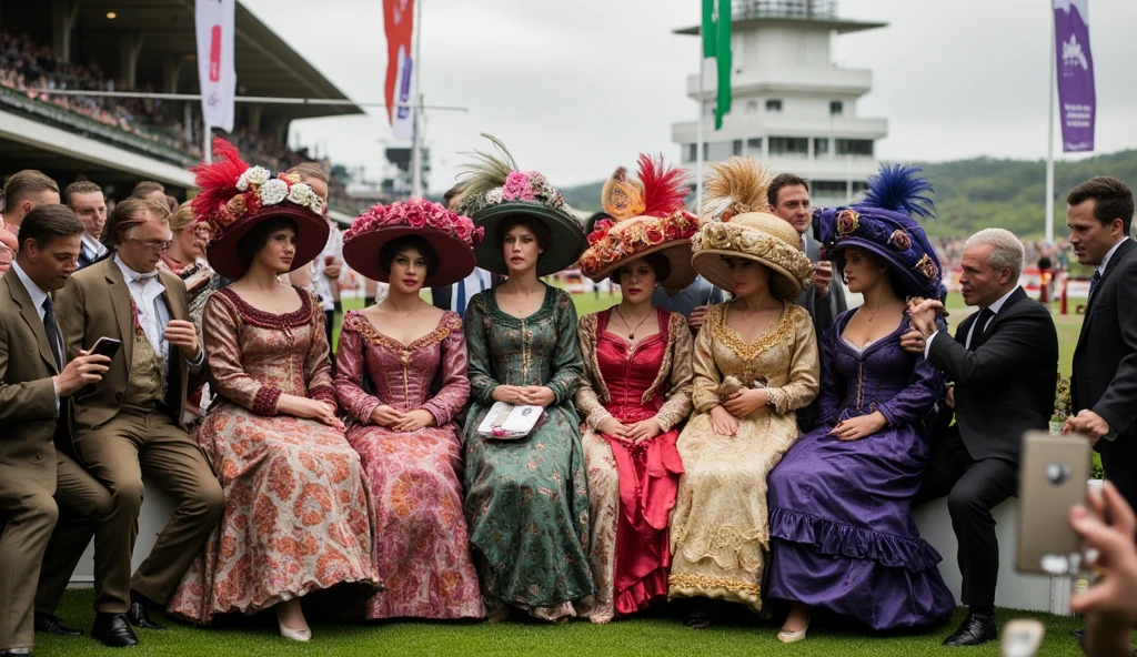 ((masterpiece)) ((photography)) ((Highest quality))  a photography of Victorian-era women sitting gracefully on a bench among the crowd at a modern horse racing event. They are wearing vibrant, wide dresses adorned with intricate patterns, ruffles, and elegant embroidery. Their large, colorful hats are decorated with feathers, flowers, and ribbons, perfectly matching their outfits. The women maintain a poised demeanor, though their expressions range from amusement to polite disinterest as modern young men attempt to flirt with them. The men, dressed in casual contemporary attire, are taking photos with their smartphones and trying to capture the women’s attention with playful gestures. The atmosphere is lively, with the hustle and bustle of the horse racing event in the background, featuring colorful banners, cheering spectators, and a hint of the racetrack in the distance. The contrast between the refined elegance of the Victorian women and the casual confidence of the modern men adds humor and charm to the scene.