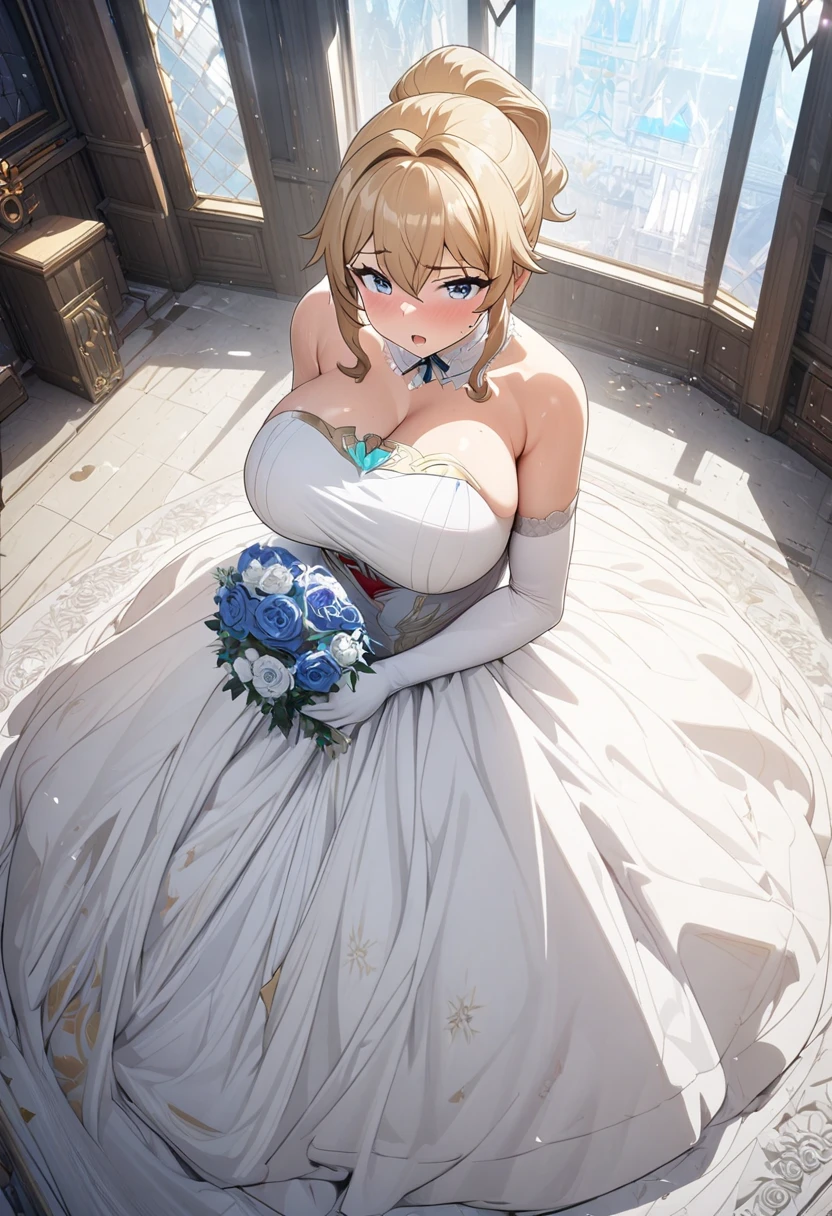 8k, masterpiece, best quality, ultra detailed, Ultra-high resolution, Highly detailed CG, break, 1girl, jean\(genshin impact\), kawaii, nsfw, huge breasts, slender, (wedding dress:1.2), full body, indoors, standing