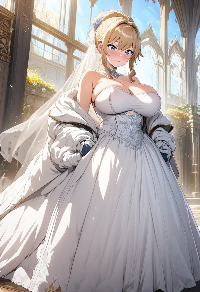 8k, masterpiece, best quality, ultra detailed, Ultra-high resolution, Highly detailed CG, break, 1girl, jean\(genshin impact\), kawaii, nsfw, huge breasts, slender, (wedding dress:1.2), full body, indoors, standing