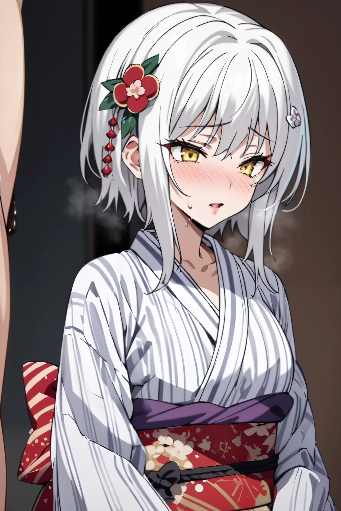 NSFW,masterpiece, top quality , high definition , very detailed,Tacheng Kitten、 short hair、 hair ornament、 yellow eyes、White Hair,yukata, kimono, lustful face