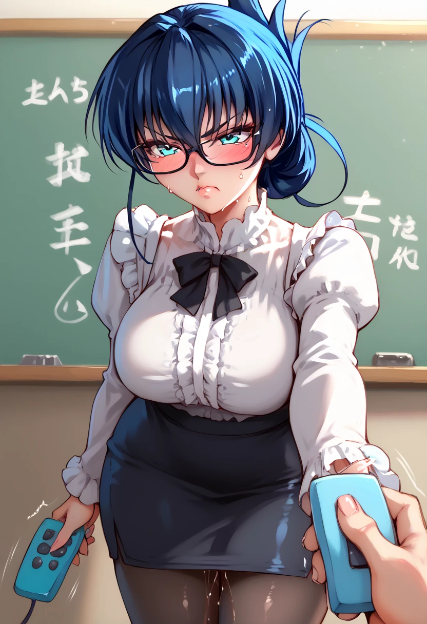 Igawa_Asagi, dark blue hair, long hair,  folded ponytail,hair between eyes, aqua eyes, large breasts,score_9, score_8_up, score_7_up, perfect hands, perfect finger,perfect anatomy, masterpiece, best quality,realistic, hyperrealistic, 16k hdr,1 mature female,white blouse, frills, pencil skirt, black miniskirt, black pantyhose, long sleeves, indoors,writing on  chalkboard, high school,standing,sweat,(red blush,angry,orgasm:1.2),(POV holding remote controller),(motion lines:1.2),(looking forward:1.3),from below,(love juice:1.2),(glasses:1.2)