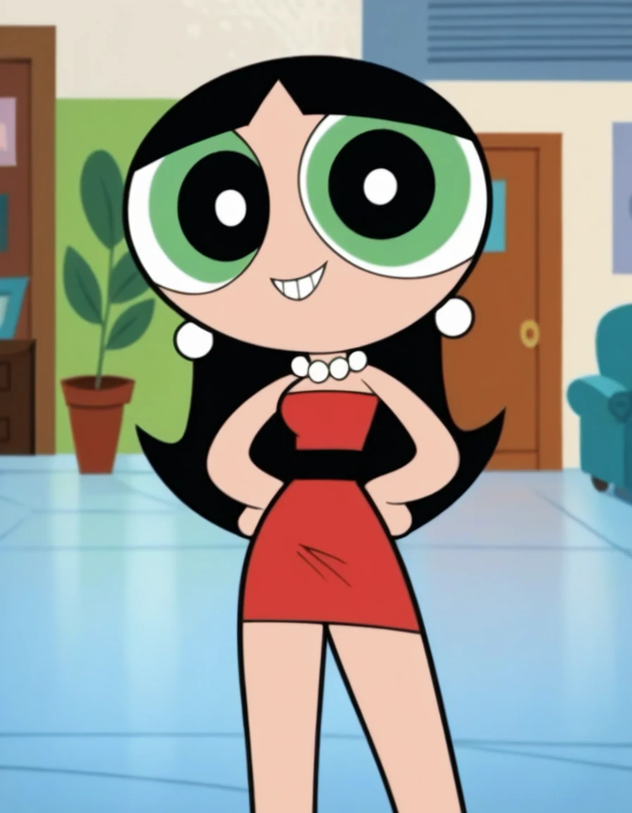 Easynegative, score_9, score_8_up, score_7_up, score_6_up, amazing quality, best quality, perfect quality, highres, ppg style, powerpuff girls style, accurate_show, woman, mature woman, perfect face, perfect eyes, Buttercup, 1girl, solo, black hair, long hair, pearl necklace, earrings, strapless, a red sweetheart dress, red dress, hands on hip, looking at viewers, medium breasts, view from front, living room setting, looking towards viewer, smile