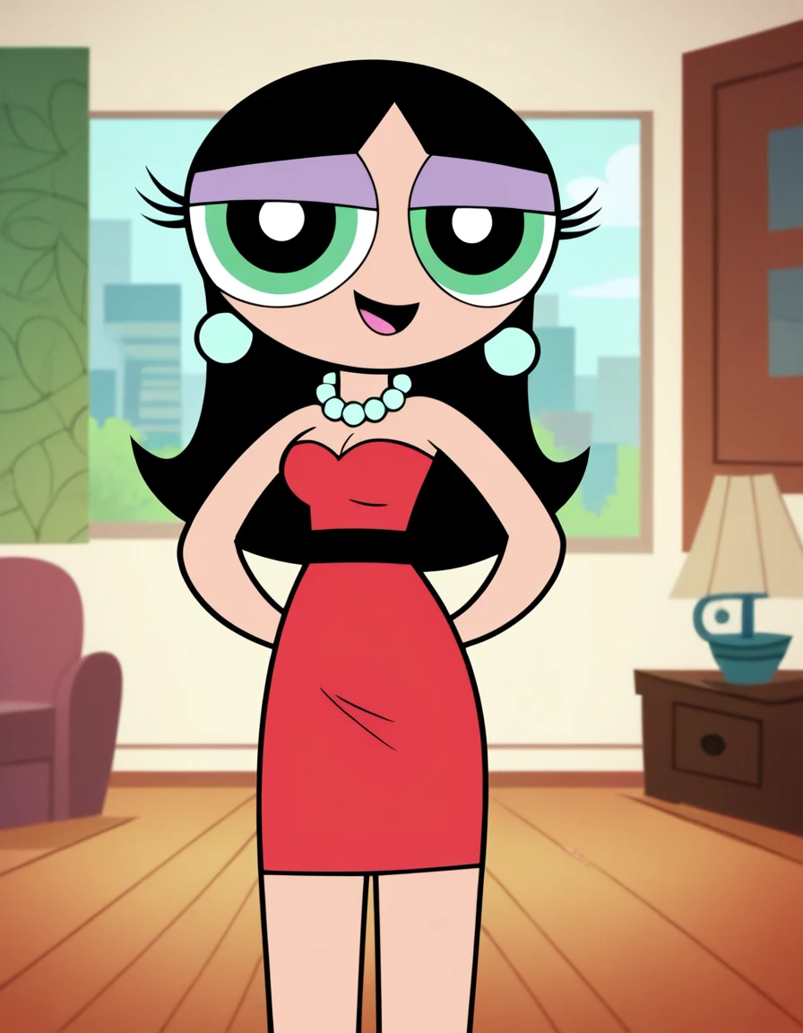 Easynegative, score_9, score_8_up, score_7_up, score_6_up, amazing quality, best quality, perfect quality, highres, ppg style, powerpuff girls style, accurate_show, woman, mature woman, perfect face, perfect eyes, Buttercup, 1girl, solo, black hair, long hair, pearl necklace, earrings, strapless, a red sweetheart dress, red dress, hands on hip, looking at viewers, medium breasts, view from front, living room setting, looking towards viewer, smile