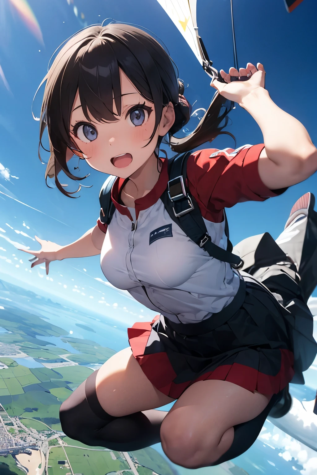 Highest quality、High resolution、Detailed Background、(Beautiful face in every detail:1.4)、Anatomically correct、(Detailed facial expressions)、(Detailed eyes:1.2)、Teenage beauty、(Highly detailed face:1.4)、Huge breasts、Perfect body line、Light color hair、Cute hairstyle、well-groomed eyebrows、Super height、Cowboy Shot、
(Five excited girls enjoying thrilling activities at super height:1.5)、
Extremely excited、Ultra high tension、
I'm very excited the moment an airplane door is opened and I'm thrown into the air、
The strength of the wind and the sense of altitude The feeling of free fall you experience for the first time heightens the excitement、
The free fall from jumping off an airplane until the parachute opens is thrilling and excited-boosting、
You can test your own limits and courage while feeling the feeling of falling at a high speed and changes in the surrounding scenery、
The moment the parachute opens after completely turning from free fall, the speed decreases all at once and it shifts to a quiet atmosphere、this moment is a mixture of excitement and relief、
After the parachute opens, you can enjoy the feeling of slowly flying through the air、
The feeling of floating in the wind and taking a walk in the air while admiring the beautiful scenery also heightens the excitement、
The last step in skydiving is the moment you land safely on the ground、
You can enjoy the excitement by using a parachute to glide and timing your landing、
The skydiving experience will give you the excitement and excitement you'll never forget、
A group that skydives with friends and friends coexists with cuteness and fun、
The sight of everyone jumping into the air together is so colorful and cute、
You can also choose cute characters and colorful patterns to design your parachute、You can enjoy loveliness and excitement at the same time as the sight of big cute characters and patterns spreading in the air、
Skydiving is a thrilling and adventurous activity, but don't forget to incorporate smiles and cuteness、
Pair a sp
