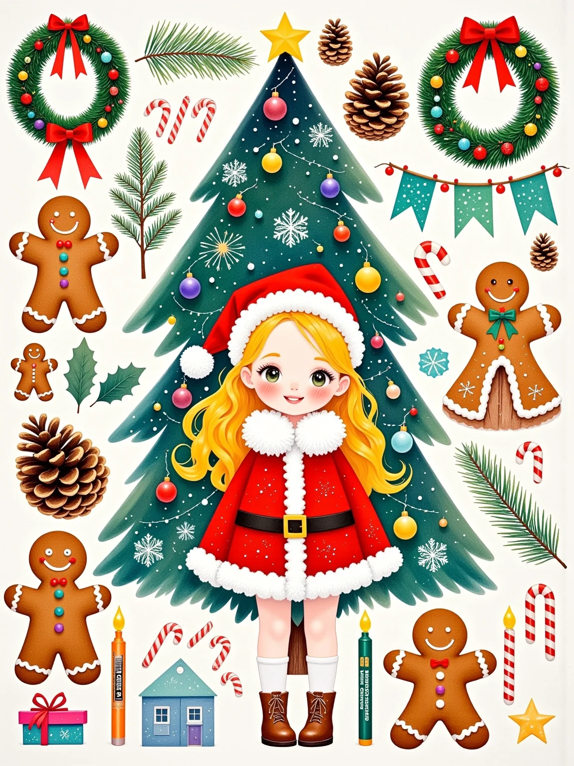  Various Christmas Tree Lights and Balls ,  Christmas Wreaths , Bow, Gingerbread Man, Christmas flags , Christmas candy,  Snowman Candles ,  Christmas candles and other ornaments form a handmade collage ,  The picture is a beautiful girl wearing a Santa Claus costume, 1girl,  Christmas night fun and festive holiday mountain village, Simple composition ,  Master's work