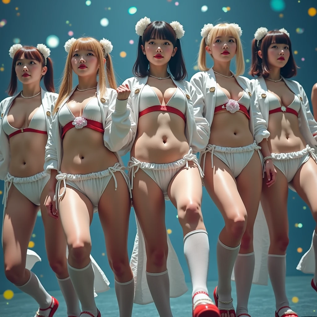 (((12 Tiny Girls in a row:1.2, Shibuya Hachiko-mae scramble crossing on Halloween:1.2))), (masterpiece:1.2, best quality, photorealistic:1.37), {(Standing Full Body:1.2)|(from below:1.2)}, short silver hair, {School Uniform|naked bandage|tutu}, ((Detailed KAWAII face, Detailed Oily Porcelain skin)), {Bustling street|(Passerby schoolgirls)| halloween| neon}, {(Childish:1.2|Gigantic Cleavage:1.37|Underboob:1.2|Kissing face to face)}, {flower wreath|Red leather high collar}, {Floating hair|Strong wind|Ass focus},{:p|:d|laugh|sparkle|joyful|delighted},extremely Detailed,