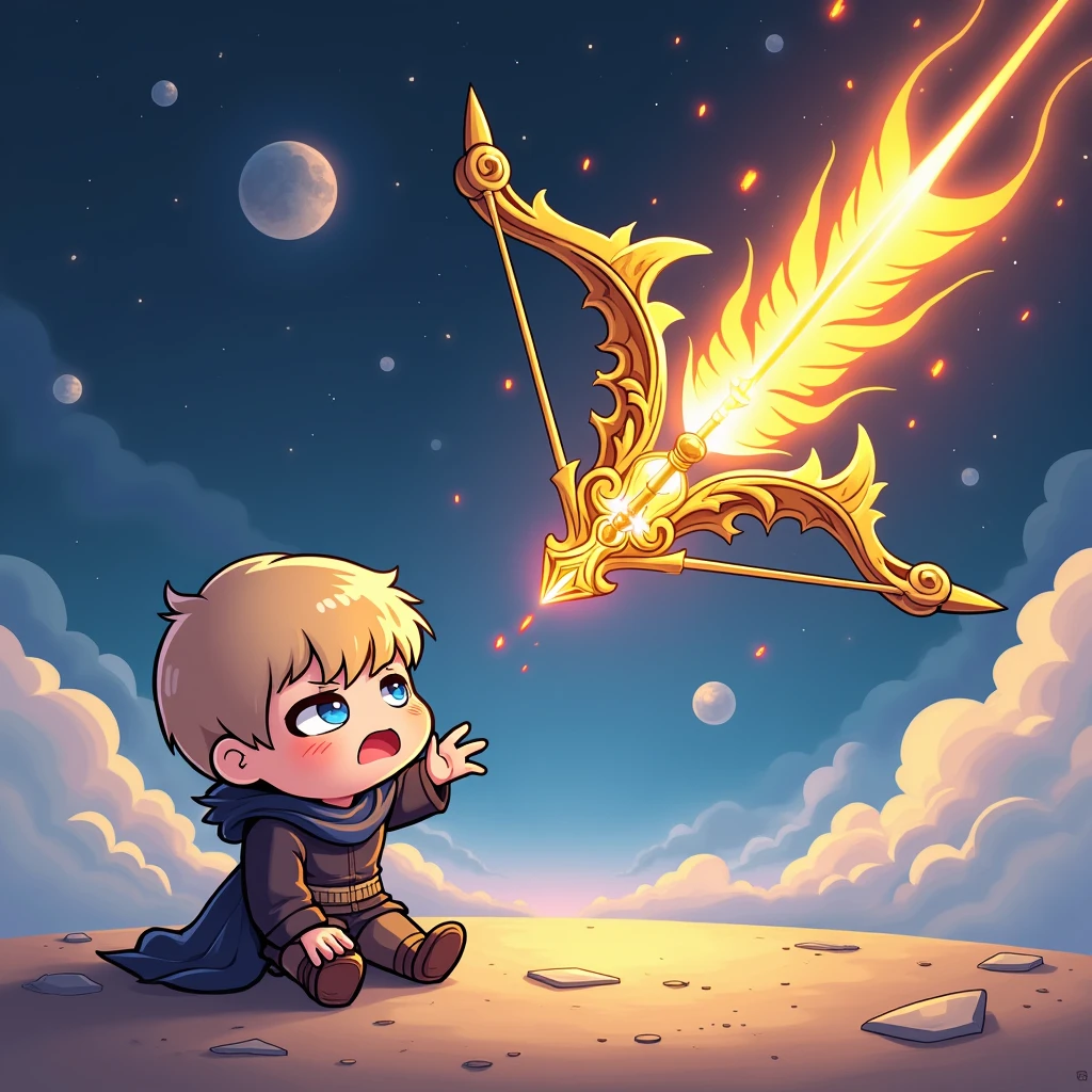 The image has the caption "parody, to be continued" written on the bottom right of it, depicting a chibi character who is about to be pierced by a iridescent gold-plated god bow and god arrow, rolling his eyes and passing out, background space