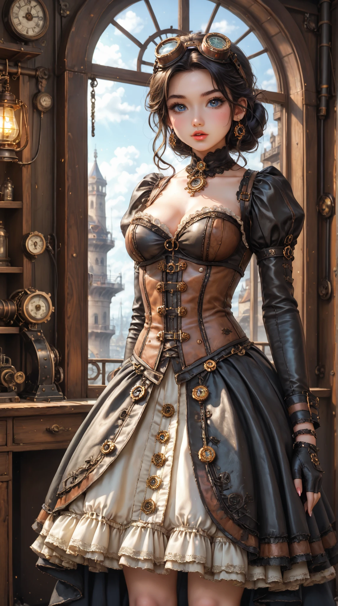 "A detailed portrait of a young Korean woman with striking azure-blue eyes, standing confidently in a steampunk-inspired setting. Her long, jet-black hair cascades perfectly straight down to her feet, sleek and glossy, reflecting light with a natural shine. Her facial features are delicate and youthful with smooth, porcelain skin, a small nose, soft pink lips, and high cheekbones, creating an ethereal yet determined look. Her vivid blue eyes, an unusual and captivating contrast to her East Asian heritage, are intense and slightly luminescent, glowing subtly as they meet the viewer's gaze.

She is dressed in an elaborate steampunk outfit: a corseted brown leather bodice with intricate brass buckles, gears, and rivets accenting its edges. Underneath, a high-necked cream lace blouse with puffed sleeves peeks out, delicately frilled at the cuffs. A layered skirt falls asymmetrically to her knees at the front and trails longer in the back, made of a mix of distressed fabrics in earthy tones—deep burgundy, burnt orange, and olive green—enhanced with subtle pinstripe patterns. Straps of belts and miniature pouches hang from her waist, decorated with gears and metallic ornaments.

Her accessories include fingerless leather gloves, a brass choker with small clockwork gears, and goggles perched atop her head, adorned with tiny cogs and tinted lenses. Her boots are knee-high, brown leather with brass buckles and reinforced toe caps, exuding a rugged yet stylish appearance. A soft plume of steam rises in the background, accentuating the industrial, Victorian-inspired aesthetic.

The setting is a steampunk workshop filled with mechanical devices, pipes, gears, and soft warm lighting emanating from antique lamps and gas lanterns. The composition balances her graceful yet fierce pose, standing slightly turned with one hand resting on a leather belt and the (anime style 32K, HDR, UHD, intricate detail, extremely intricate detail, hyperrealistic, extremely realistic, high quality, 