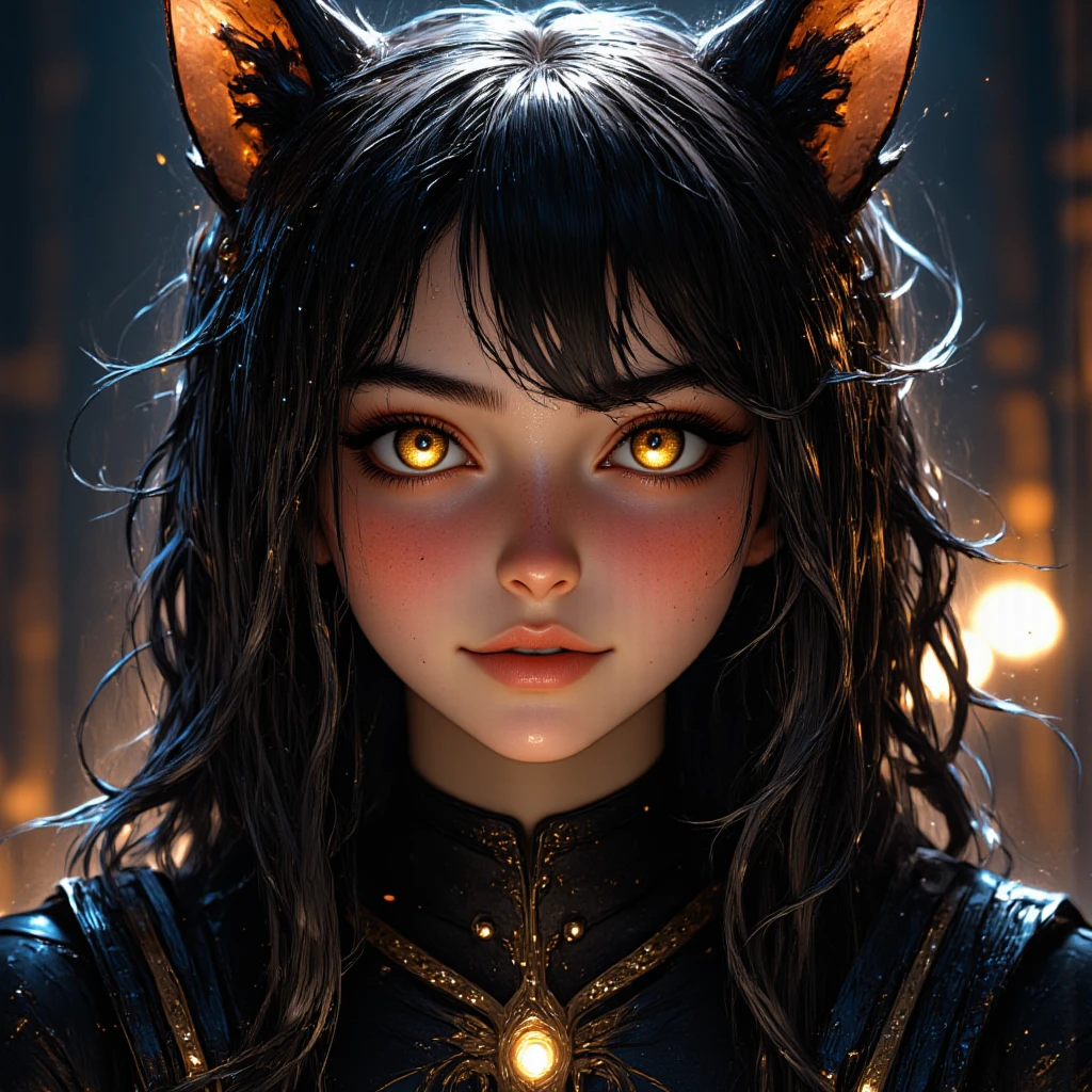  high definition , masterpiece,  anatomically correct, accurate,  top quality,  details,  high definition model,  very detailed,  textured skin,  black hair, Hair covering one eye,  shiny hair ,  Big Breasts ,  earrings, Squirrel Ears,  cat ear headphones,  smiles,  open her mouth ,  open your mouth slightly ,  golden eyes, happiness/joy,  eyes sparkle,  Dutch Angle,  ribbon hair accessory , Earphones,  take off the hood, x shaped hair ornament,  glitter effects,  Proximity Method,  Drop Shadow , Diffraction Spike,  Film Grains ,  3d rendering, 