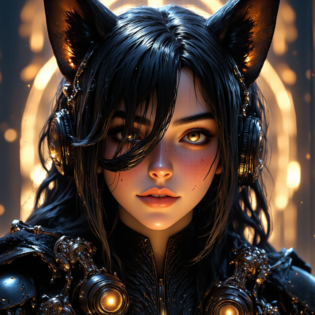  high definition , masterpiece,  anatomically correct, accurate,  top quality,  details,  high definition model,  very detailed,  textured skin,  black hair, Hair covering one eye,  shiny hair ,  Big Breasts ,  earrings, Squirrel Ears,  cat ear headphones,  smiles,  open her mouth ,  open your mouth slightly ,  golden eyes, happiness/joy,  eyes sparkle,  Dutch Angle,  ribbon hair accessory , Earphones,  take off the hood, x shaped hair ornament,  glitter effects,  Proximity Method,  Drop Shadow , Diffraction Spike,  Film Grains ,  3d rendering, 