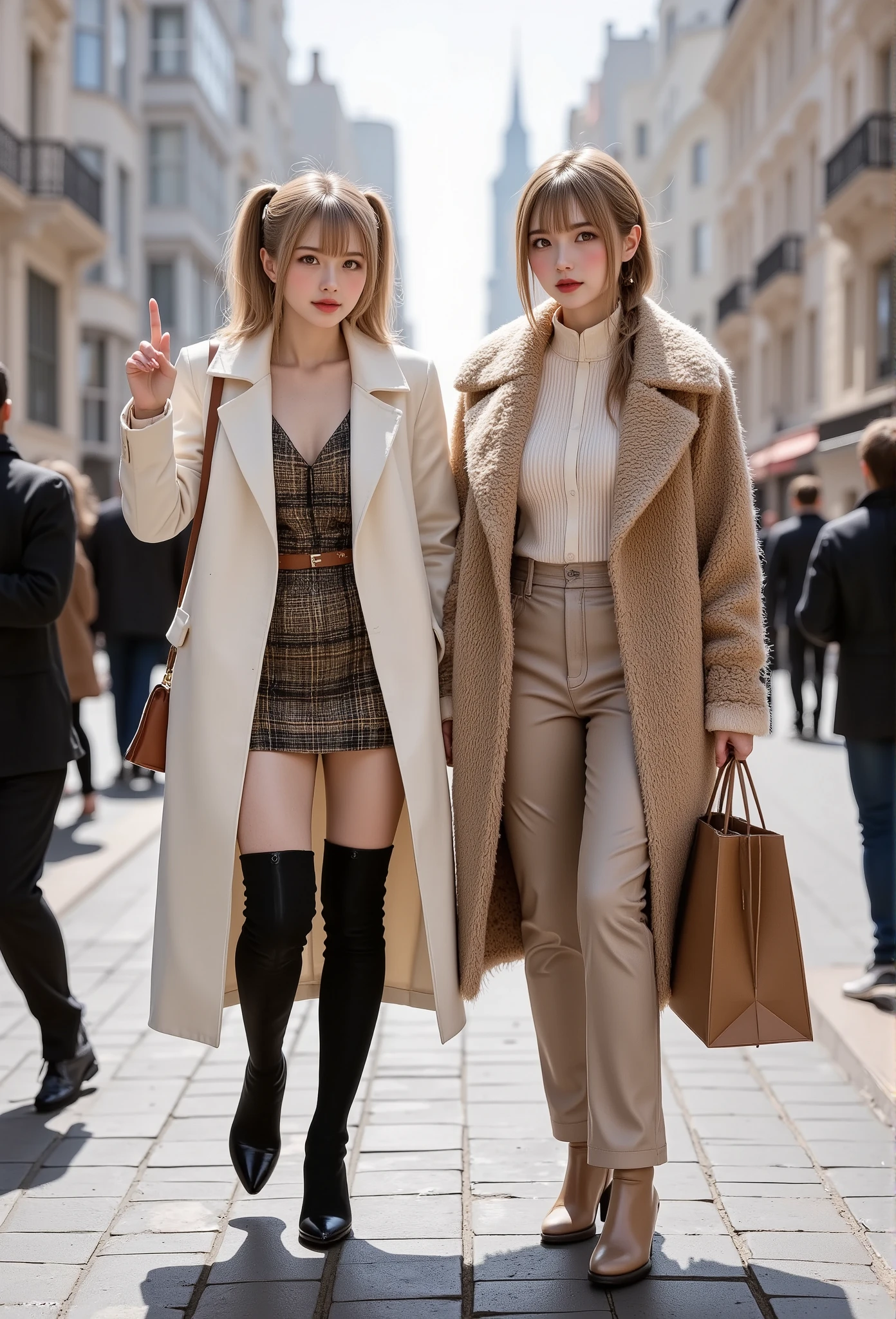 photo realism,masterpiece, best quality, 8k, highres, ultra-detailed,HDR, UHD, professional,best quality, 2girls,looking left,short hair and side braid bob,winter  outfit, white coat, plaid skirt, thigh-high boots, brown crossbody bag, shearling jacket, orange turtleneck, high-waisted pants, black ankle boots, holding shopping bag, arm in arm,left pointing gesture, casual style, urban setting, bright lighting, fashion-focused