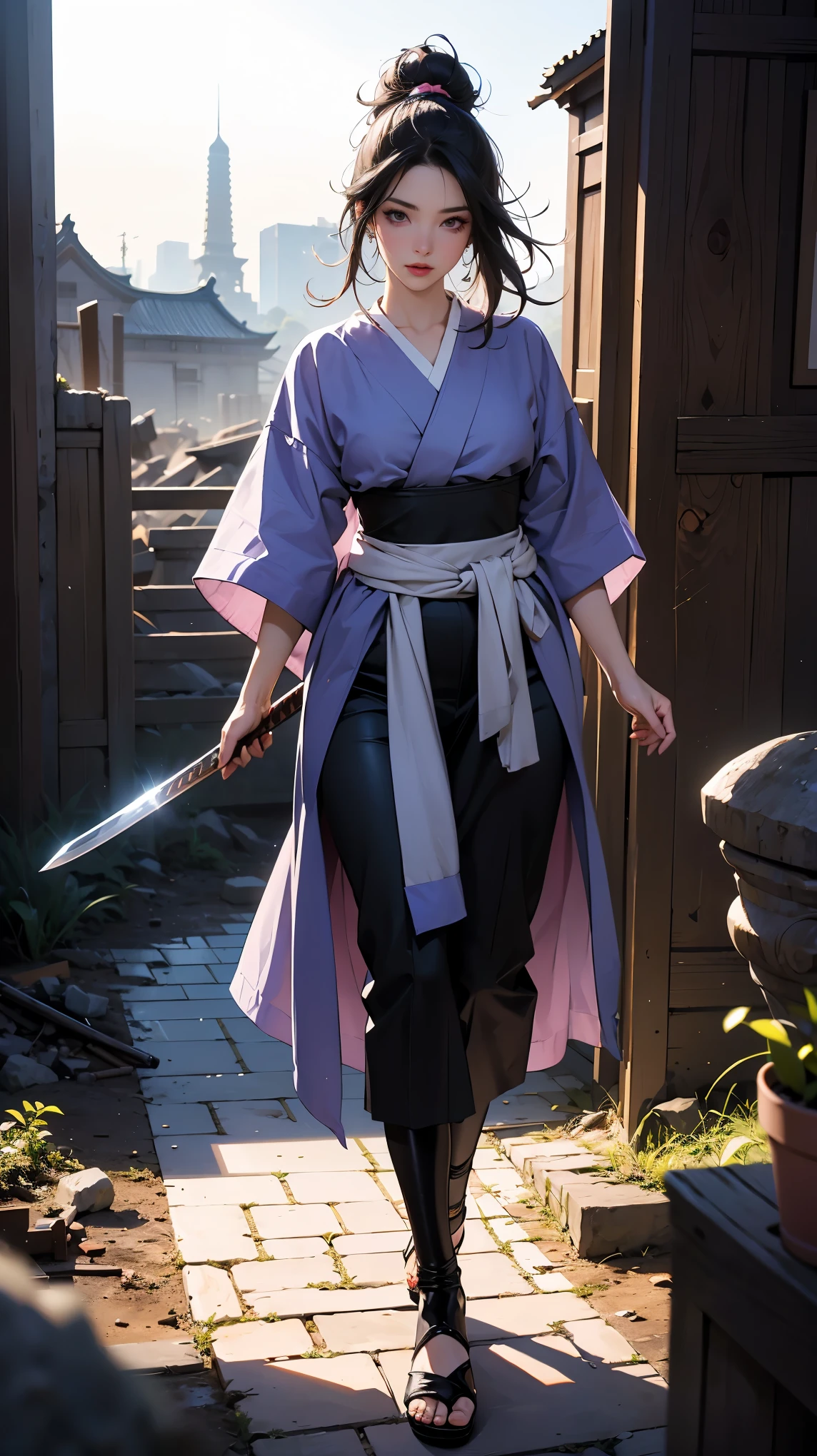 (Incompromise CG, masterpiece, absurdres, best quality, perfect anatomy, ultra detailed), full body, Solo, bewitching female, Intricate details, Battoujutsu, beautiful woman, sexy figure, (detailed face, detailed eyes and lips, purple color makeup, purple eyeliner, bewitching ), Long beautiful black hair, smooth, thin hair, ultra description of her hair , (Samurai clothing), Carry a long sword on your waist, (Walking on unpaved roads, (dilapidated temple ruins), beautiful moonlit night, In the background)