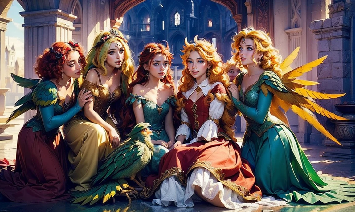 fantasy setting. close up. standing bunched in together. ((4 unique lovely harpy princesses:1.5)), unique personalities, ((each with a unique expression on face:1.5)), (((each with a unique natural hair colored:1.5))), ((red hair)), ((blond hair)), ((black hair)), (((each with unique natural eye color:1.5))), a hint of feathers on their skin, wearing elaborate tasteful flowing floral gowns, ((looking straight at the camera:1.5)), ((wings)), pretty castle ruins background.
