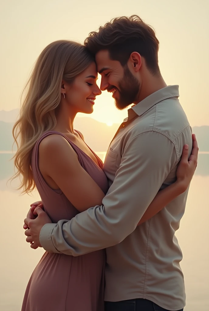 High detail RAW color, (full body Photo) of an attractive couple, ginger blonde hair, blue eyes, beautiful face, excited expression, hugging her husband, realistic, symmetrical, highly detailed, harsh lighting, cinematic lighting, serious eyes, contrast, textured skin, cold skin pores, hasselblad, 45 degree, hard light, gigapixel, pimples, 85mm, F/4 --auto --s2