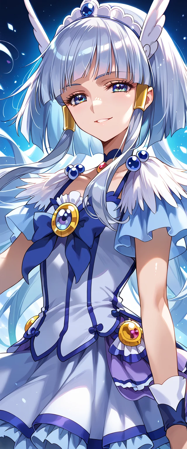 detailed background, shiny skin, posing, rating safe,  half-closed eyes, seductive  evil smile,curebeauty,,(Extremely beautiful anime style:1.2),( Silver Hair),Dark aura