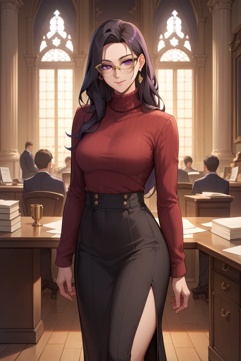 ((masterpiece)),  top quality,  Very detailed , masterpiece,  best quality, Fraction_9, Fraction_8_up, Fraction_7_up, Fraction_6_up,, grade_explicit, 1 Girl, ( unique :1.1),,  long hair, Black Hair,  Purple Eyes,, Turtleneck, Long sleeve,  Long skirt, expressionless,  Narrow shoulders , Watching the audience,  gold glasses， slim，In the office，Smile，