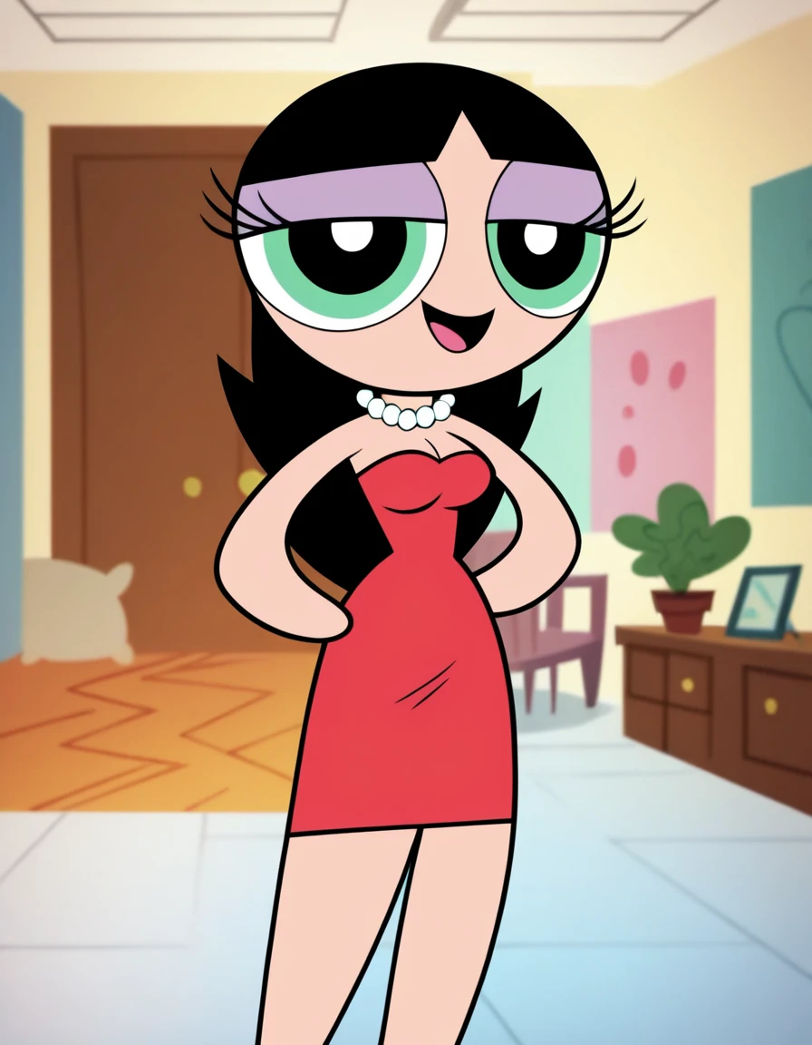 Easynegative, score_9, score_8_up, score_7_up, score_6_up, amazing quality, best quality, perfect quality, highres, ppg style, powerpuff girls style, accurate_show, woman, mature woman, perfect face, perfect eyes, Buttercup, 1girl, solo, black hair, long hair, pearl necklace, strapless, a red sweetheart dress, red dress, hands on hip, looking at viewers, medium breasts, view from front, living room setting, looking towards viewer, smile