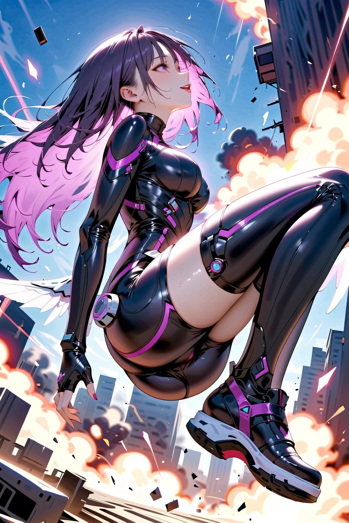 One young and beautiful woman,(masterpiece:1.3, top quality :1.3, very detailed depiction:1.3, unbelievably absurd high resolution falling in the air:1.3),( futuristic bodysuit ,Futuristic exoskeleton,Mechanical Wings,Mechanical thrusters),(Glowing purple eyes , Half Closed Eyes:1.3, Big Breasts , wicked smile,Glossy lipstick, is opening her mouth,Beautiful legs,High quality skin,sweat),( full body image ), battle scene:1.3,explosion,Laser, My hair is fluttering due to the {x} wind falling from above,It's being blown by strong winds,Rapid descent , dynamic images ,It's descending in the air,( side view:1.3,profile:1.3,I'm looking at the ground:1.3)