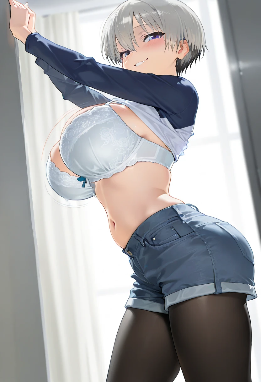 masterpiece,  top quality ,  Amazing Quality ,   very aesthetic ,  absurd, up to date, scenery,  Volume Lighting ,  is written by,  pubic skin, watching viewers against a tropical island in the background,
 1 girl, Uzaki Hana,  smirking ,smile,  smirking ing ,Please show off your chest by rolling up your clothes with your amazing huge ,  white shirt, RAGLAN SLEEVES,  Long Sleeve ,  Black Pantyhose,  BLACK LEG WEAR,  denim shorts, indoor,  changing room ,
masterpiece,  top quality ,  Amazing Quality ,   very aesthetic ,  absurd, up to date, scenery,(delicate), Big Breasts ,(round bust :1.1),(Low Rise:1.3),(big ,big hips),(Bouncing :1.4),( soft breasts),( shirt:1.2),(:1.2), Slim Belly ,( dynamic angle ),the above, show off your bra , clevis on a stone,(  hands)　show　Bra. shirt lift　 bra lift 　A man takes off someone else's bra　removing Bra 中年太りの老人　Man grabs bra from behind　Take off your bra