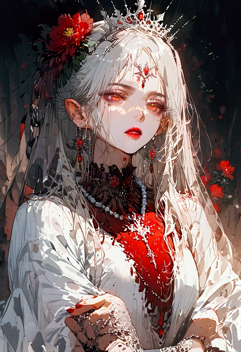 elf, white dress, full body, a middle-aged woman, queen, princess, silver hair, long hair, very long hair, crown, tiara, jewelry, forehead jewel, bead necklace, hair beads, flower on head, mole under eye, red eyes, pointy ears, crystal earrings, makeup, red lips, UHD, masterpiece, accurate, anatomically correct, super detail, high details, high quality, best quality, highres