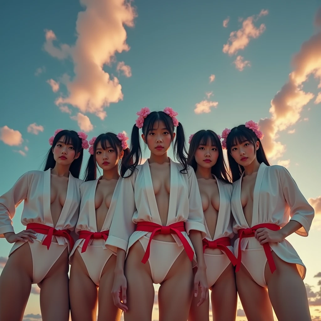 (Full Body of Extremely Detailed((Sexy Maid Group in a row:1.37))), KAWAII perfect face, Reflective Eyes, Detailed(Delicate Clothing textures), Correct long Leg Line, Dynamic Joyful Expressions LifeLike Rendering, Specular Reflection, TopQuality 8K Ultra-detailed masterpiece (ProfessionalPhoto:1.37), (Acutance:0.8), (Luminism:1.28), Renaissance art style, (Colorful Light particles), ((Full body from side)), {(Kissing Face to Face)|Roundly Cute AssFocus|(NakedApron with Overflowing SideBoob)}, Radiant Fine Skin with Transparency, (Exposed:0.4), Different types of hair color, Perfect Lighting