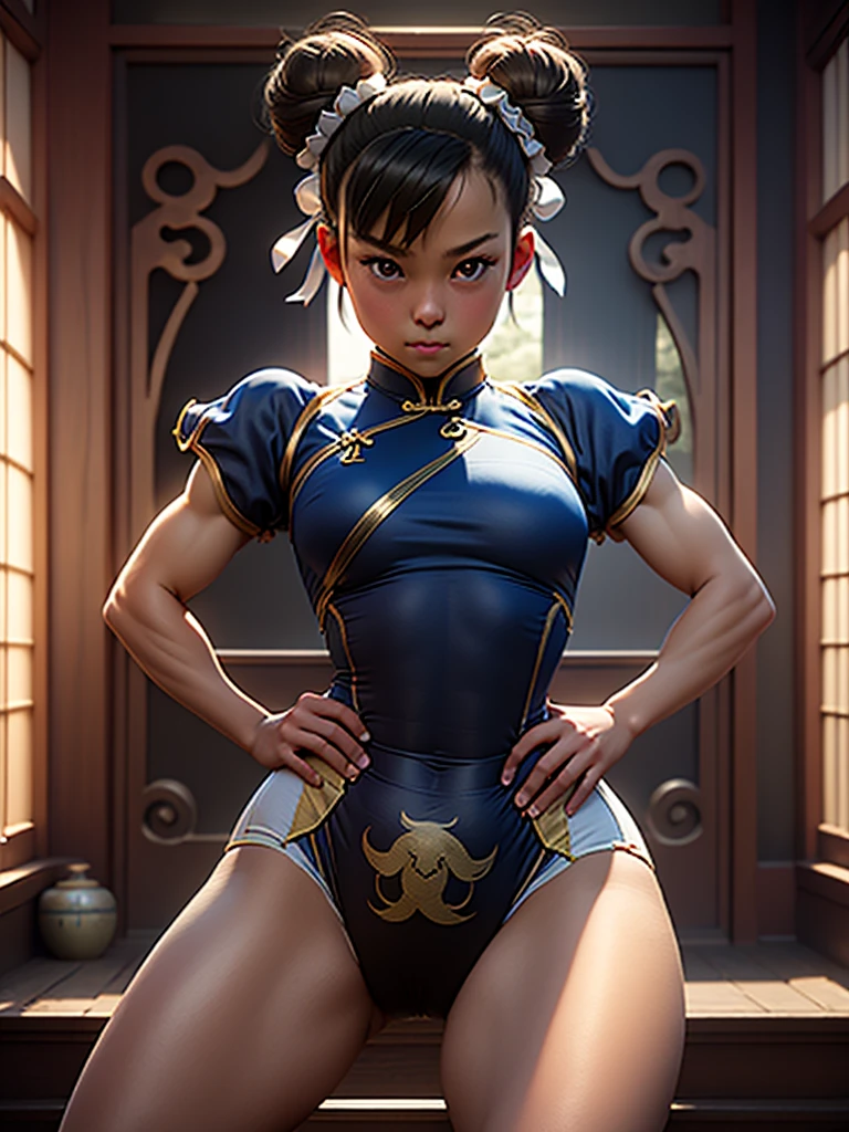 Girl, 12, Mongolian, Leotard, Chun Li Outfit, Hourglass-Shaped Torso, Wide Hips, Muscular, Medium Breasts