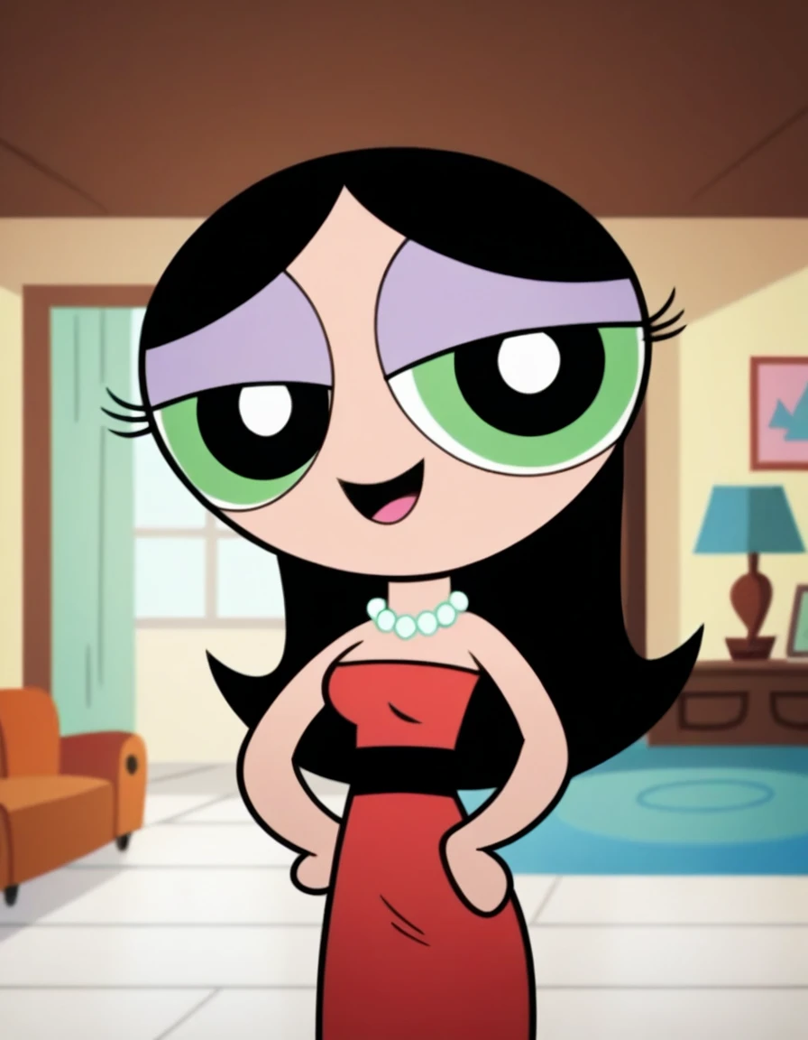 Easynegative, score_9, score_8_up, score_7_up, score_6_up, amazing quality, best quality, perfect quality, highres, ppg style, powerpuff girls style, accurate_show, woman, mature woman, perfect face, perfect eyes, Buttercup, 1girl, solo, black hair, long hair, pearl necklace, strapless, a red sweetheart dress, red dress, one hand on hip, looking at viewers, medium breasts, view from front, living room setting, looking towards viewer, smile
