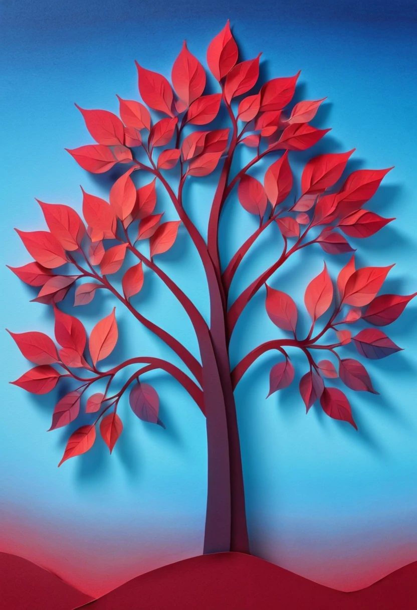 Construction Paper,   digital painting of a tree with red leaves, The background is blue gradient and has a pastel shade  . pg13 _ Assessment