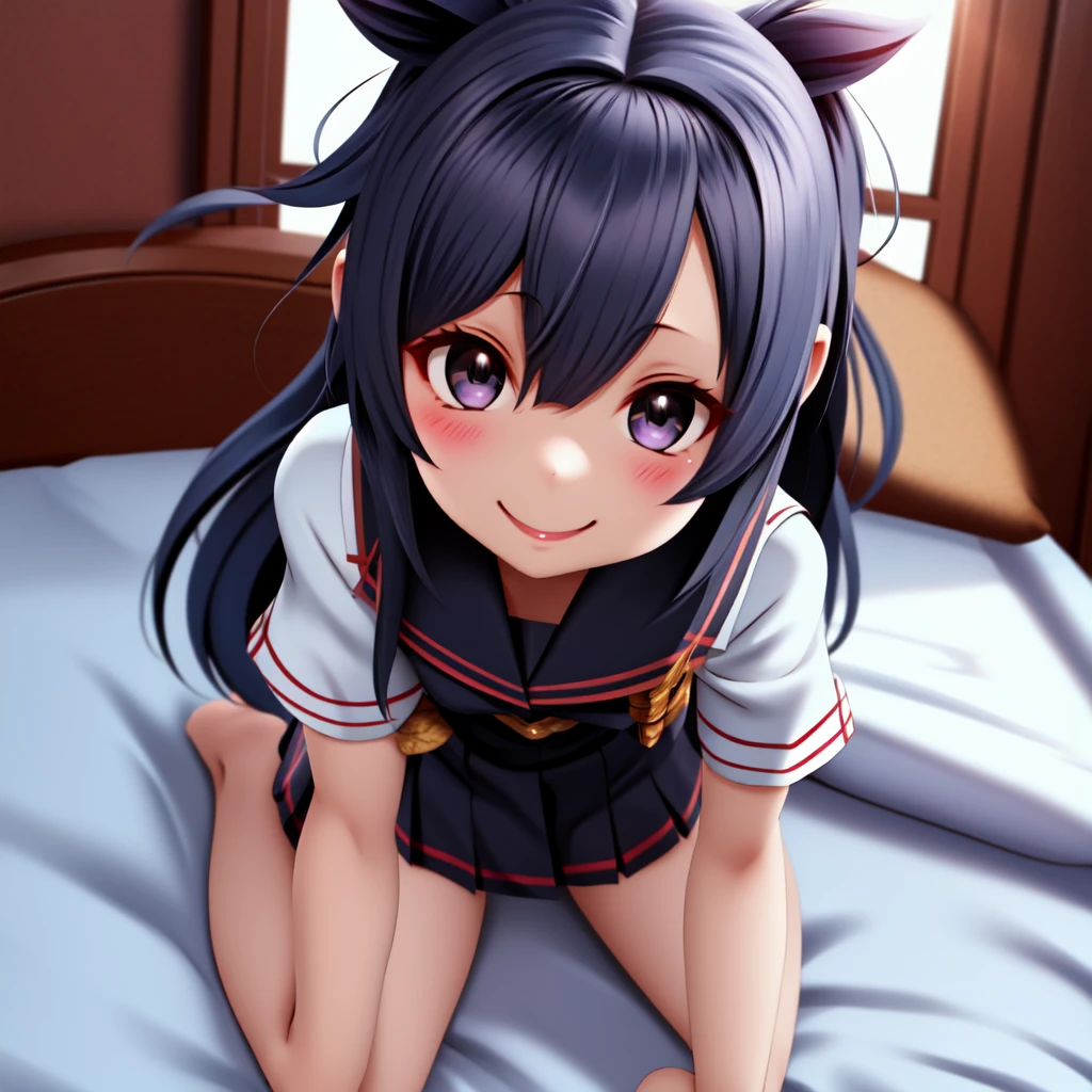 (masterpiece), (best quality), (ultra-detailed),(best shadow:0.7), (best illustration), (an extremely delicate and beautiful), photorealistic, finely detail, 1girl, ﻿(8620 \(maitetsu\):1.44), (8620 \(uniform\):1.4) (on bed), bedroom window, blue sky, white cloud, sunlight, diffraction spikes, ((wariza)), on bed, from above, finely detailed iris, smile, (black hair),