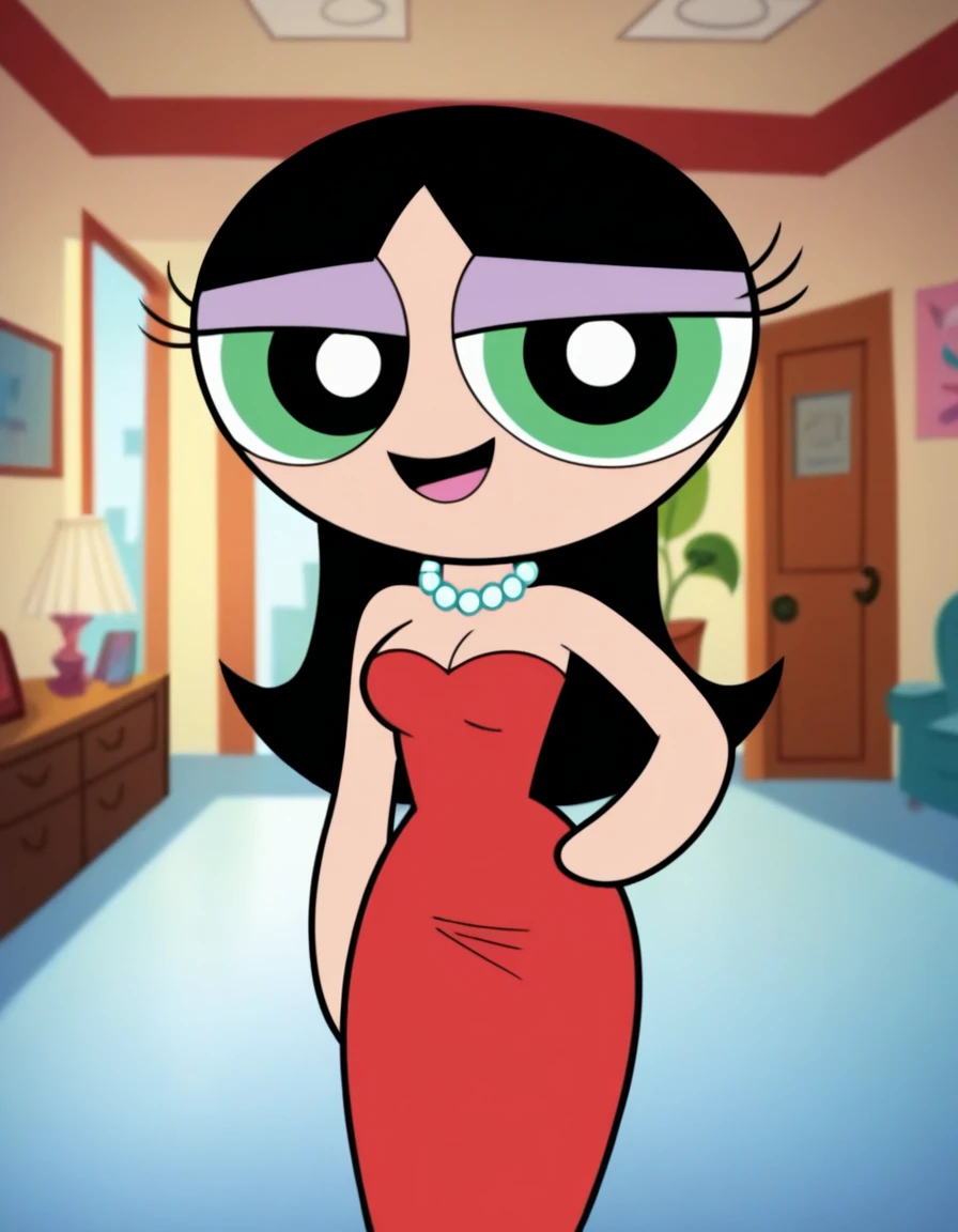 Easynegative, score_9, score_8_up, score_7_up, score_6_up, amazing quality, best quality, perfect quality, highres, ppg style, powerpuff girls style, accurate_show, woman, mature woman, perfect face, perfect eyes, Buttercup, 1girl, solo, black hair, long hair, pearl necklace, strapless, a red sweetheart dress, red dress, one hand on hip, looking at viewers, medium breasts, view from front, living room setting, looking towards viewer, smile
