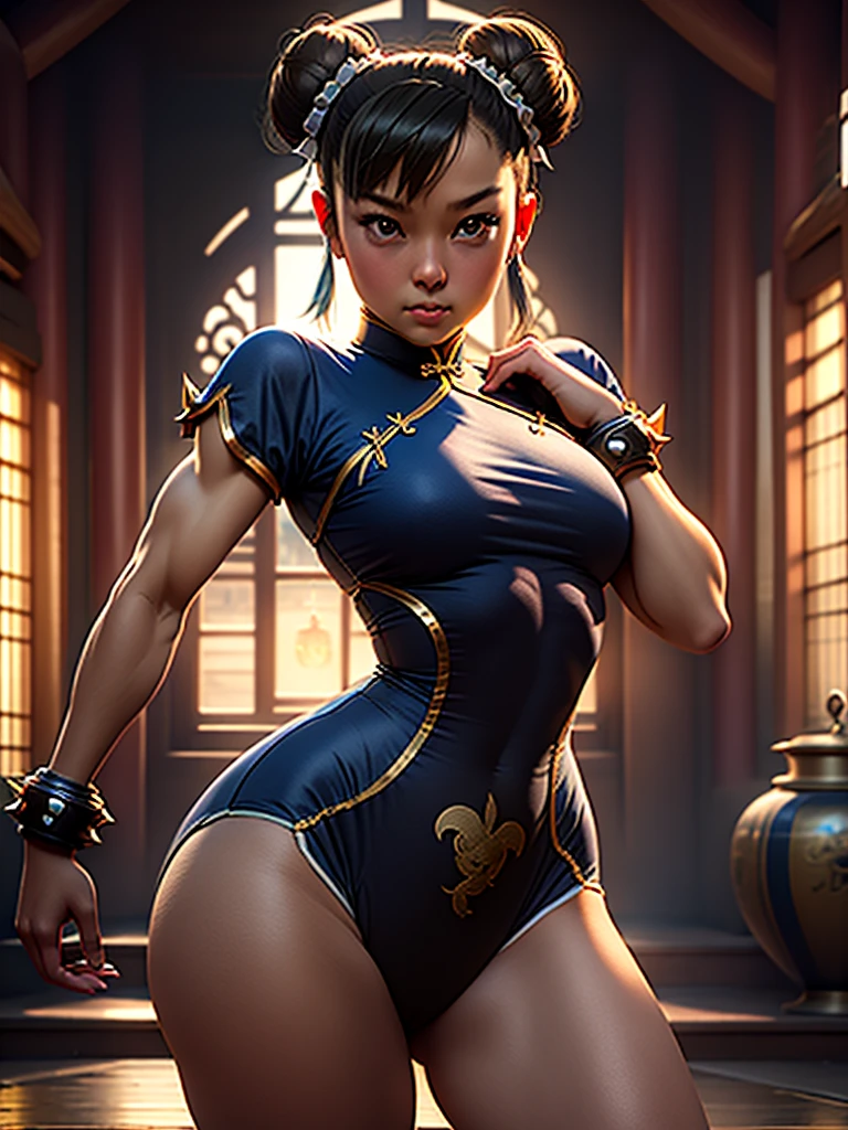 Girl, 12, Mongolian, Leotard, Chun Li Outfit, Hourglass-Shaped Torso, Wide Hips, Muscular, Medium Breasts, Brighter Lighting