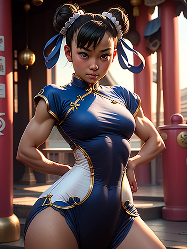 Girl, 12, Mongolian, Leotard, Chun Li Outfit, Hourglass-Shaped Torso, Wide Hips, Muscular, Medium Breasts, Brighter Lighting