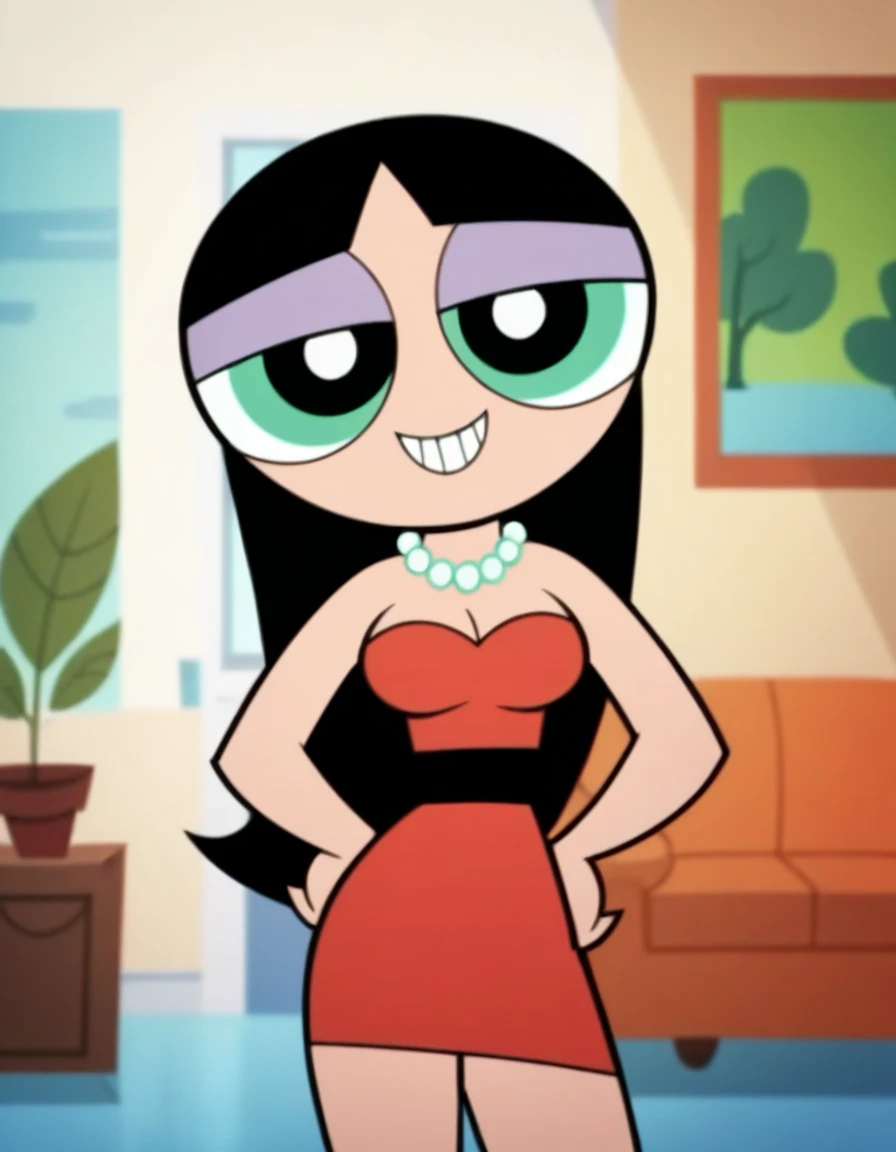 Easynegative, score_9, score_8_up, score_7_up, score_6_up, amazing quality, best quality, perfect quality, highres, ppg style, powerpuff girls style, accurate_show, woman, mature woman, perfect face, perfect eyes, Buttercup, 1girl, solo, black hair, long hair, pearl necklace, strapless, a red sweetheart dress, red short dress, one hand on hip, looking at viewers, medium breasts, view from front, living room setting, looking towards viewer, smile