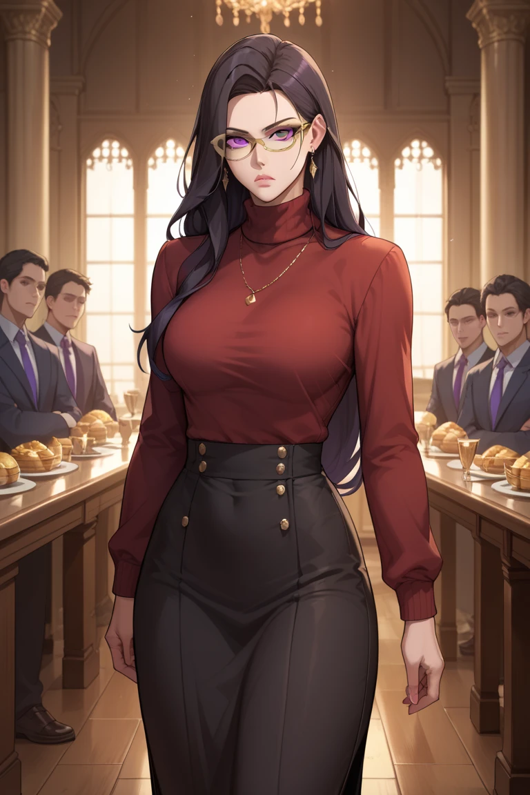 ((masterpiece)),  top quality,  Very detailed , masterpiece,  best quality, Fraction_9, Fraction_8_up, Fraction_7_up, Fraction_6_up,, grade_explicit, 1 Girl, ( unique :1.1),,  long hair, Black Hair,  Purple Eyes,, Turtleneck, Long sleeve,  Long skirt, expressionless,  Narrow shoulders , Watching the audience,  gold glasses， slim，Brilliant room ， with an expression of disapproval