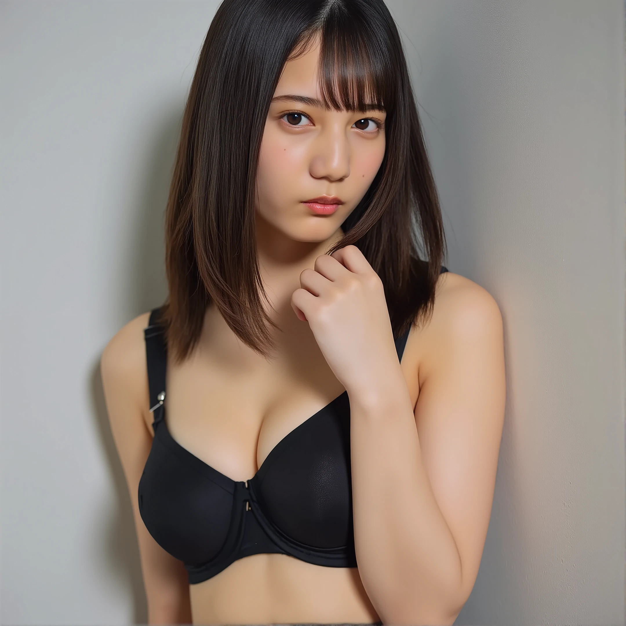 ((( top quality, very detailed, Masterpiece , very detailed,realistic,real person))) ,medium shot, looking at viewer ,  (standing), arms behind back, medium breasts, cleavage, ( bare navel:1.3),black bra,black panties, black hair, medium hair